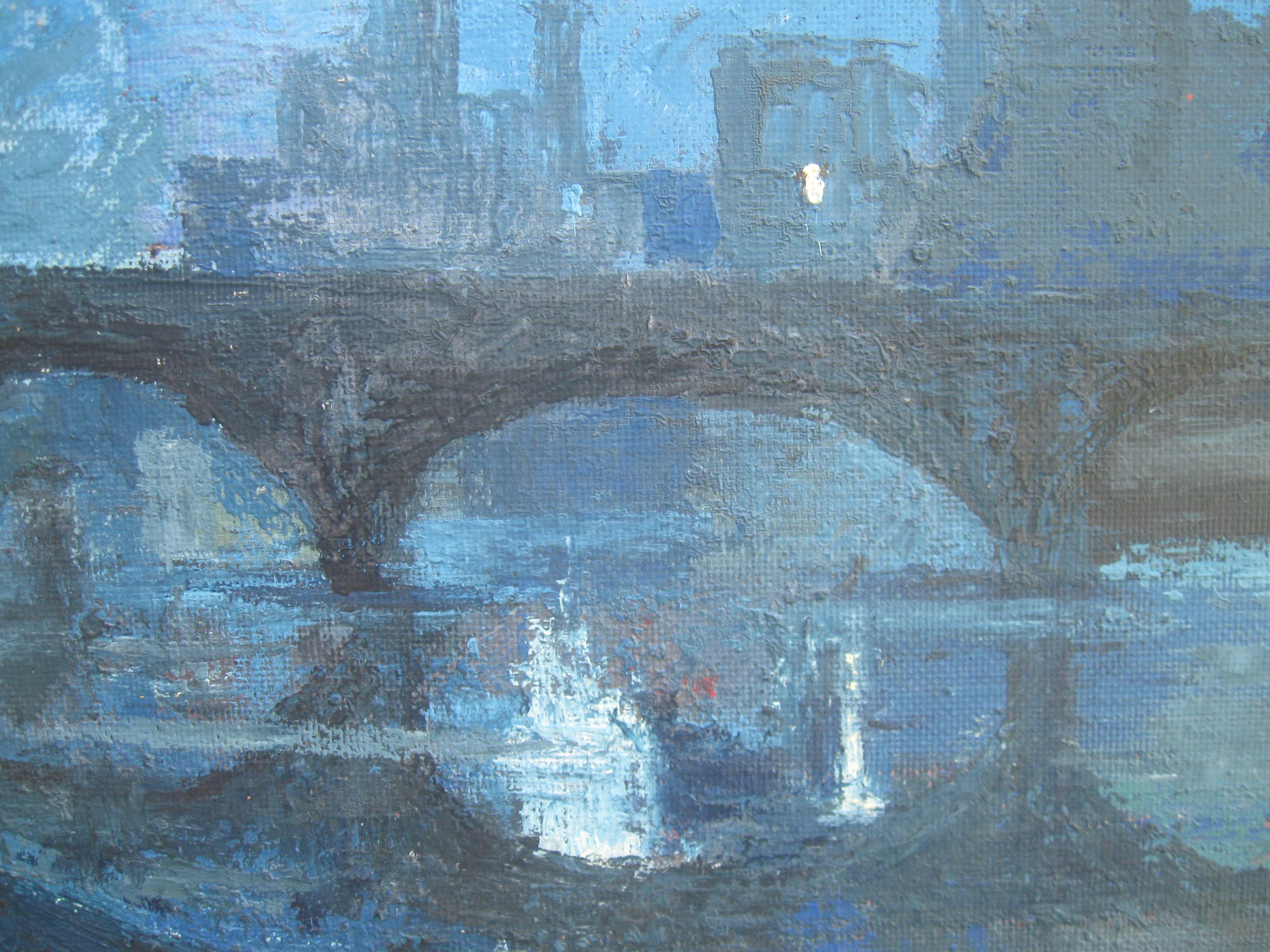 'Notturno, il fiume Tamigi, Londra'. olio del 1950 ca. in vendita 1