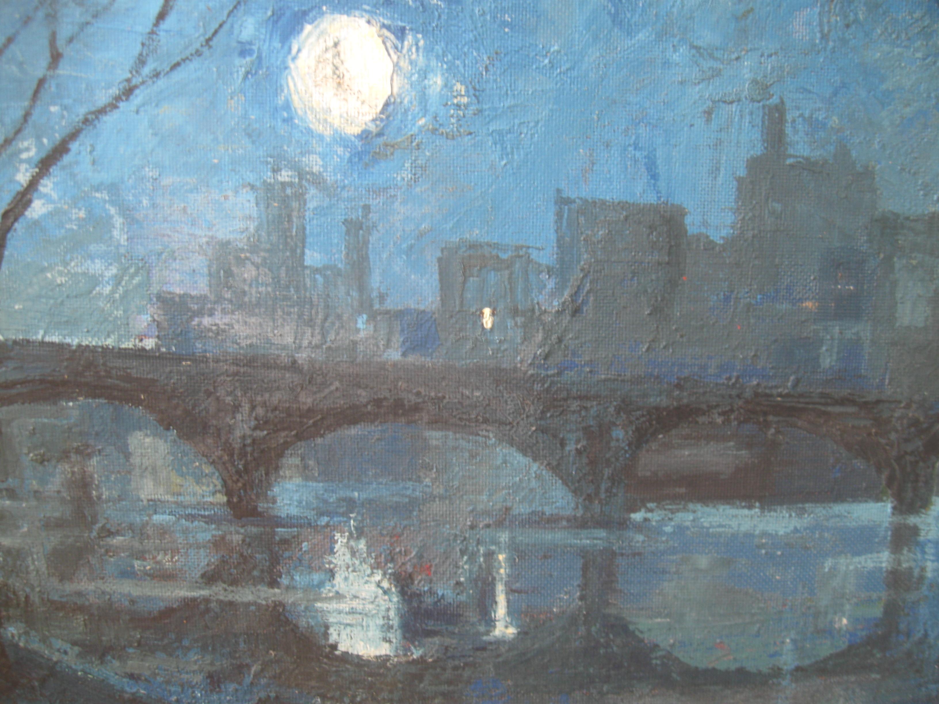 Nocturne, The River Thames, London. Oil on board circa 1950's by Keith Parsons (1919-1988) British. 
painting 42cmx58cm
fine antiques frame 68cmx83cm
Night view with a full moon hanging over the River Thames in central London . Silohetted bridges