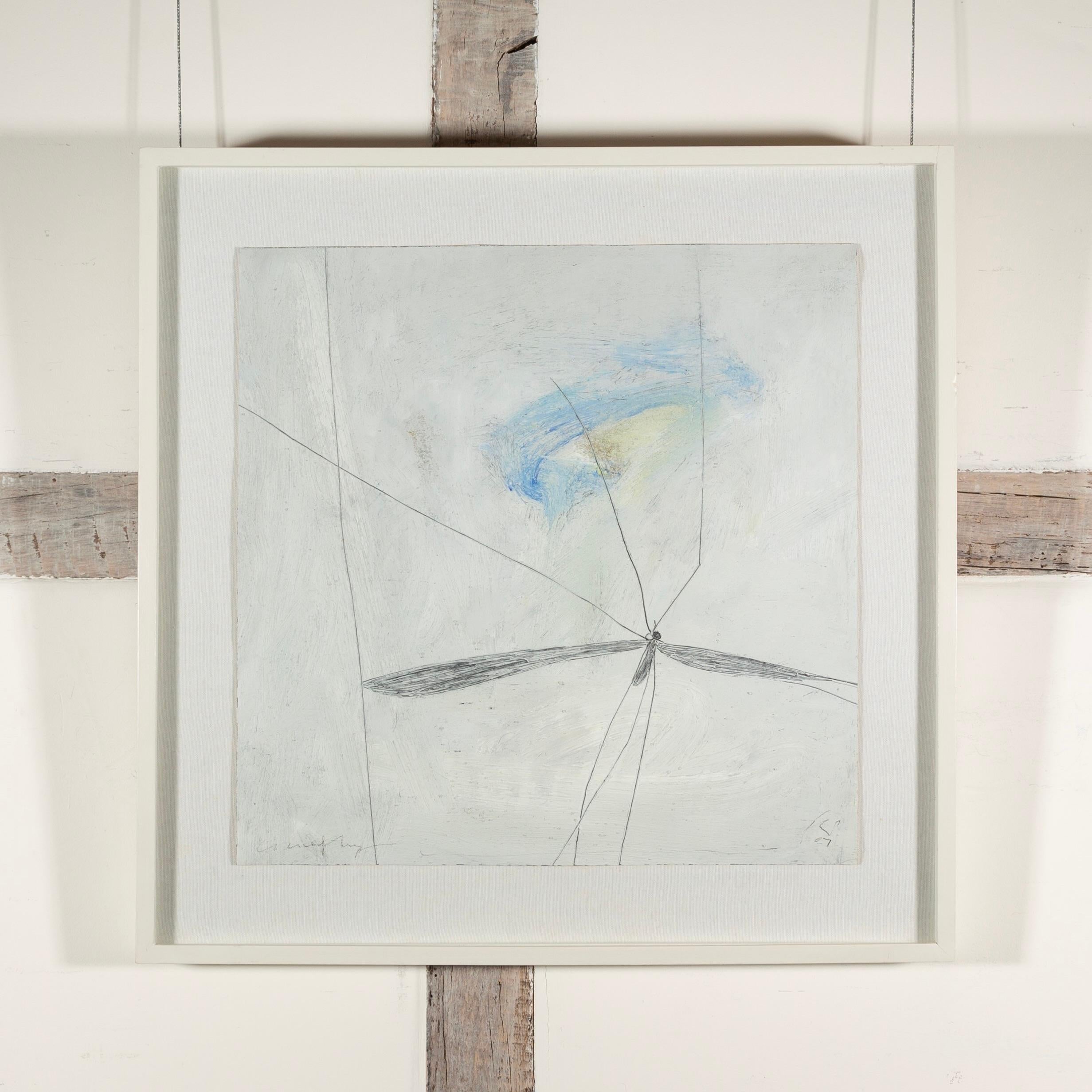 Cranefly - Minimalist White and Blue Oil Paint and Pencil Work on Paper - Painting by Keith Purser