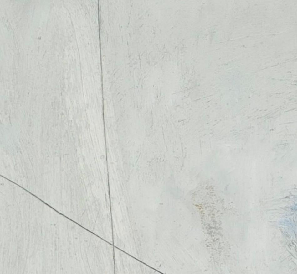 Cranefly - Minimalist White and Blue Oil Paint and Pencil Work on Paper - Gray Still-Life Painting by Keith Purser