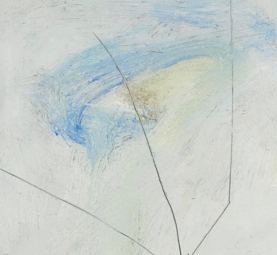 Cranefly - Minimalist White and Blue Oil Paint and Pencil Work on Paper For Sale 1