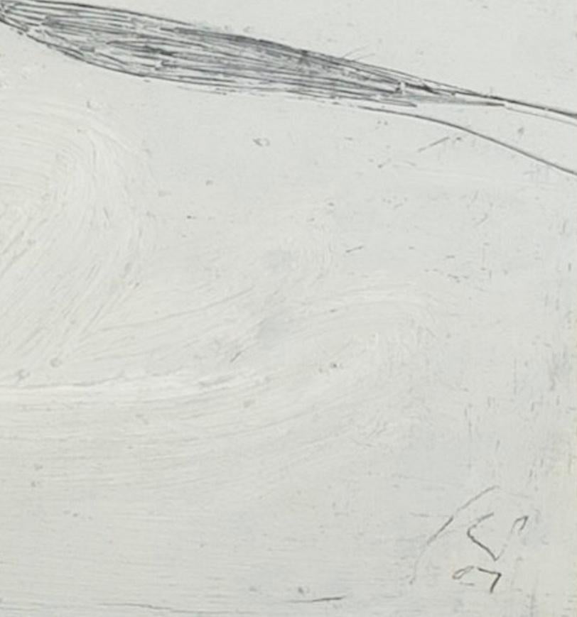 Cranefly - Minimalist White and Blue Oil Paint and Pencil Work on Paper For Sale 3