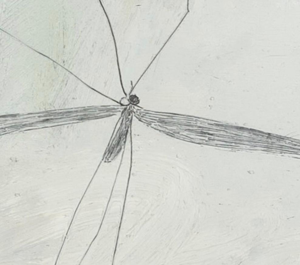 Cranefly - Minimalist White and Blue Oil Paint and Pencil Work on Paper For Sale 4