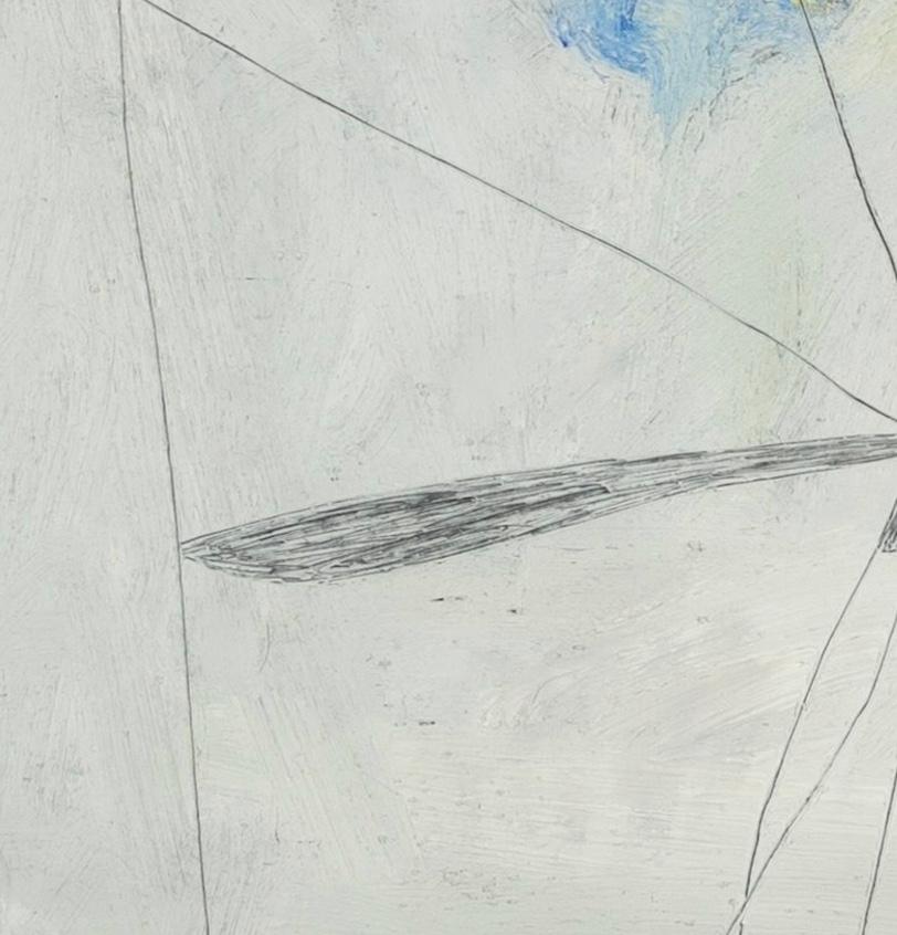 Cranefly - Minimalist White and Blue Oil Paint and Pencil Work on Paper For Sale 5