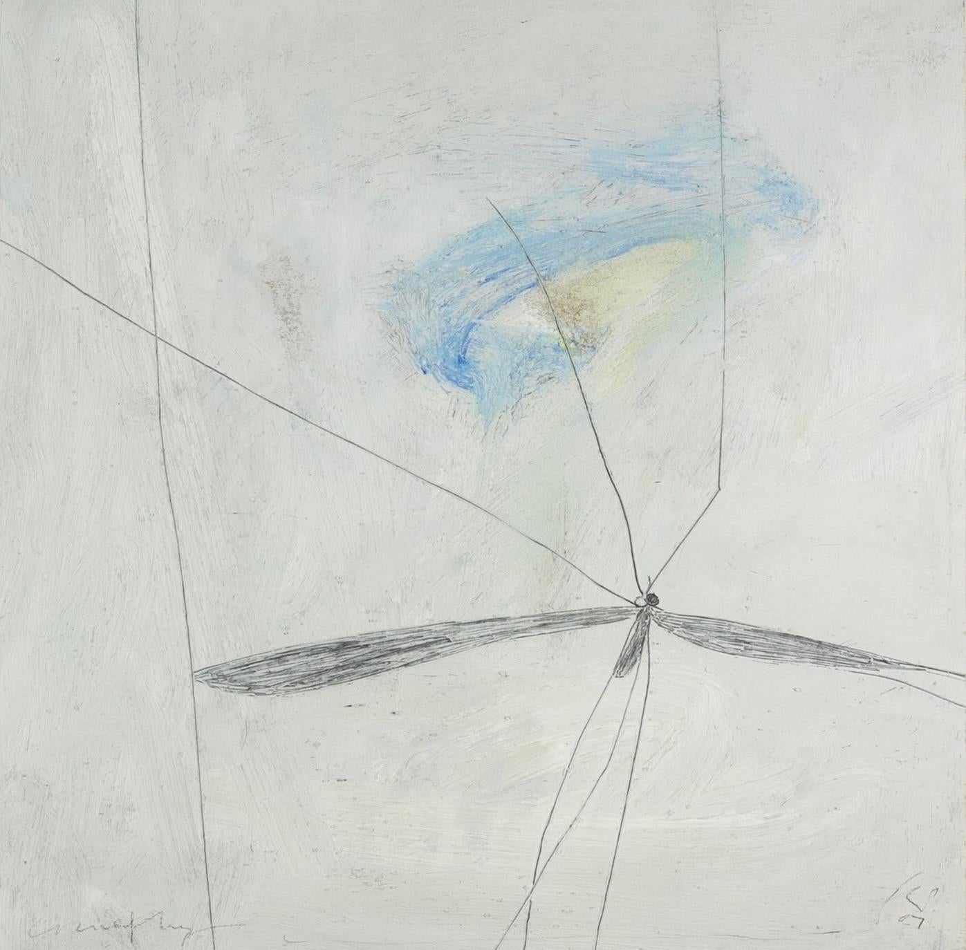 Keith Purser Still-Life Painting - Cranefly - Minimalist White and Blue Oil Paint and Pencil Work on Paper