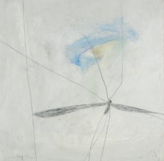 Cranefly - Obra minimalista en blanco y azul de pintura al óleo y lápiz sobre papel