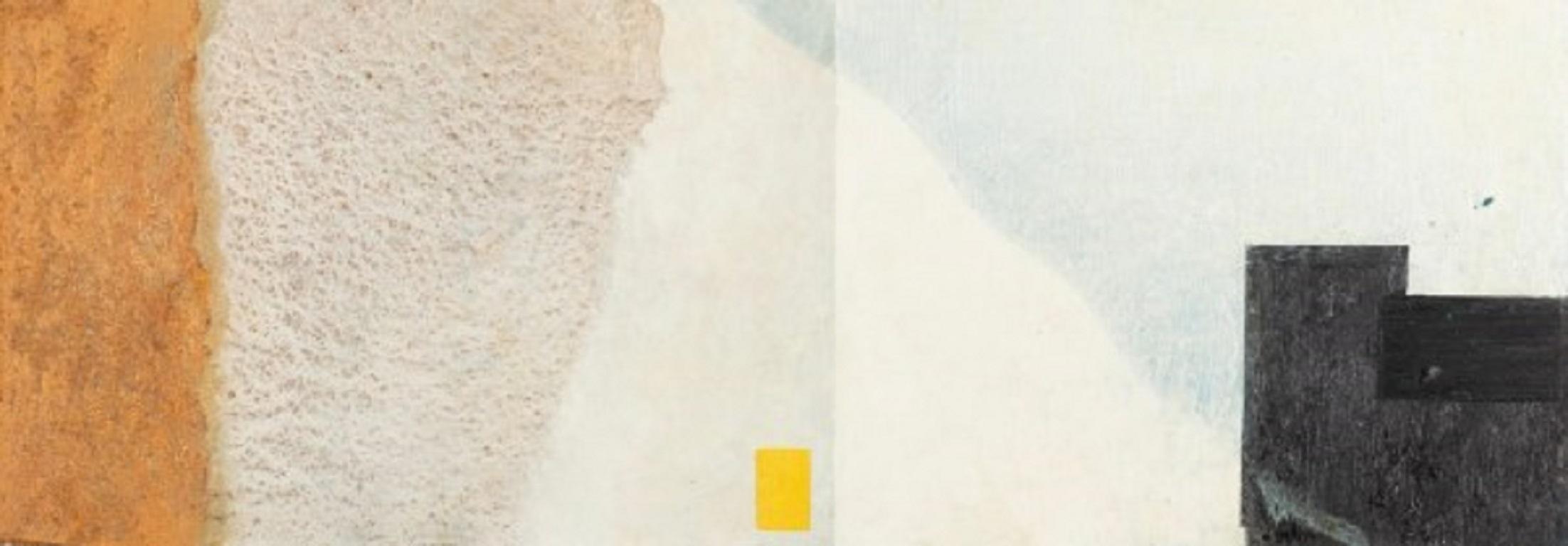 Abstract Painting di Keith Purser - Estuario, pittura astratta orizzontale con olio, sabbia e collage su tavola, 2006