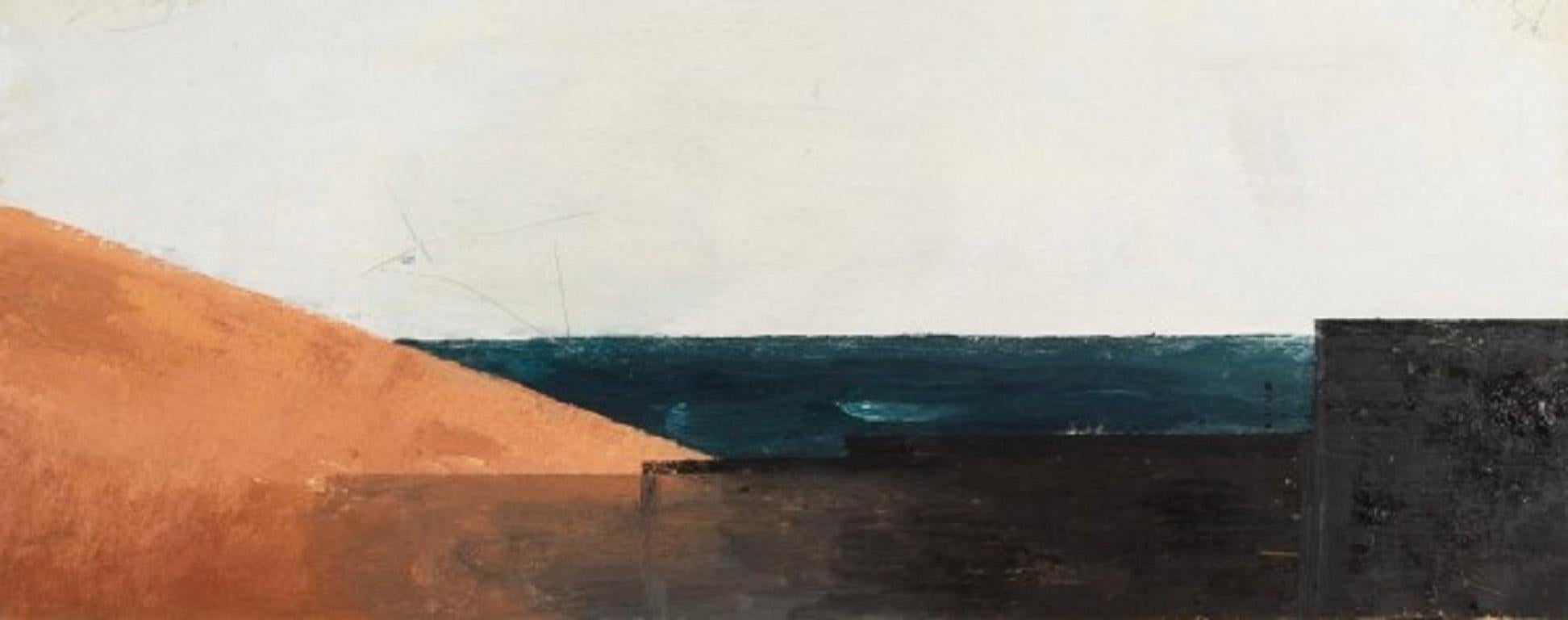 Volo, olio e sabbia su tavola, pittura astratta di paesaggio orizzontale, 2006 - Painting di Keith Purser