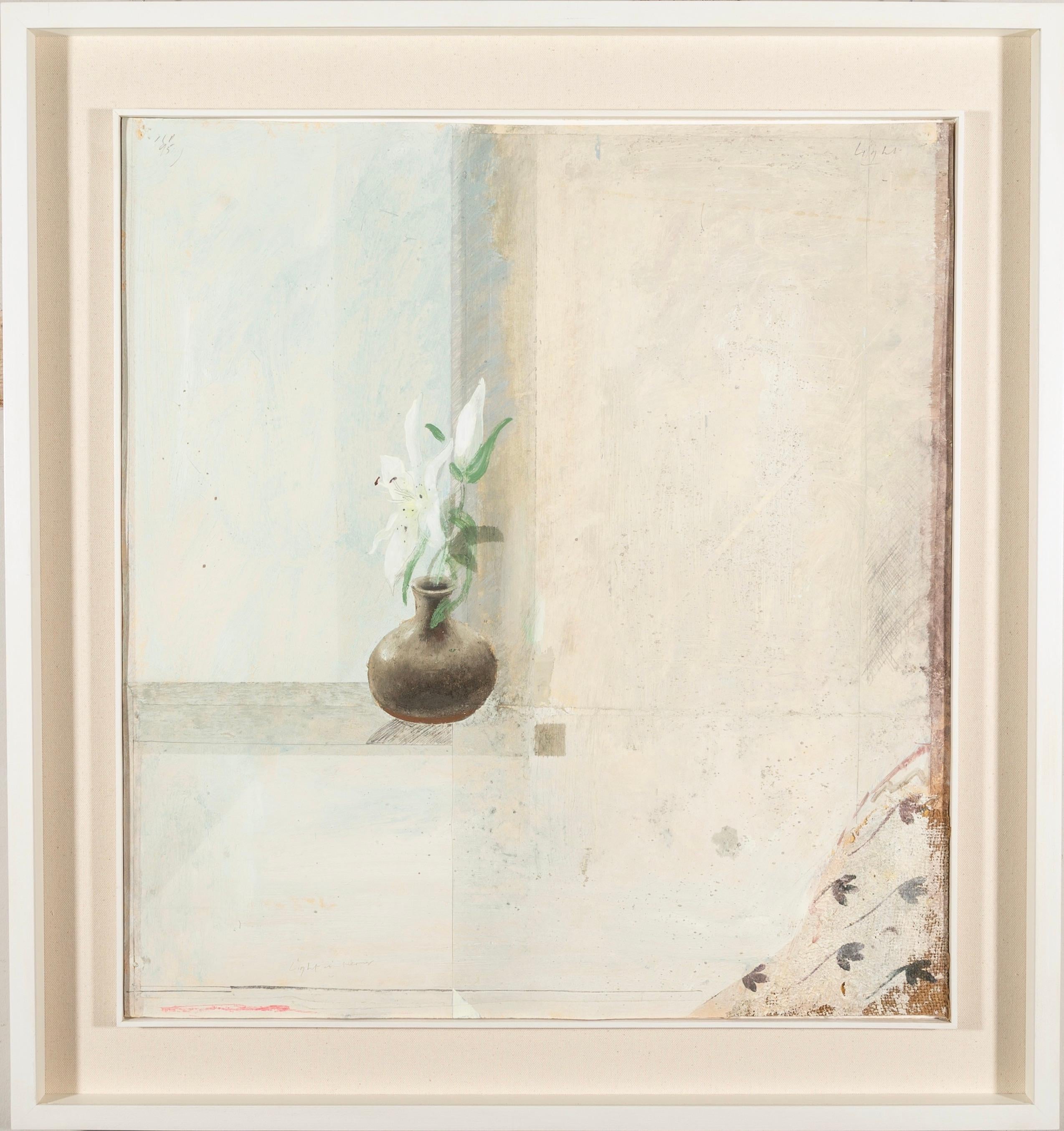 Light, Light Interior - still life painting with flowers, neutral tones, white - Mixed Media Art by Keith Purser