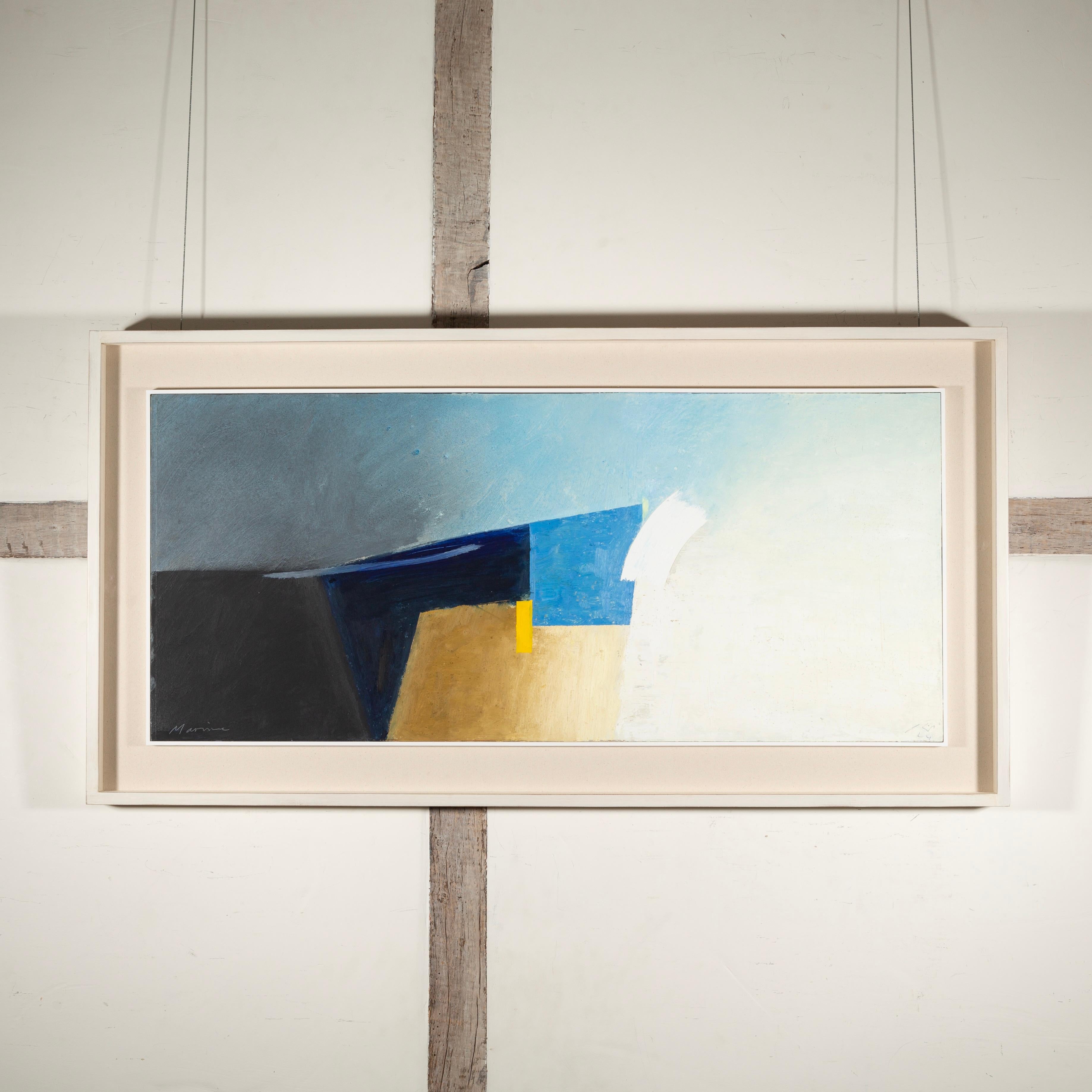Marina, 2024 - Pittura ad olio orizzontale di paesaggio astratto, blu e bianco - Painting di Keith Purser