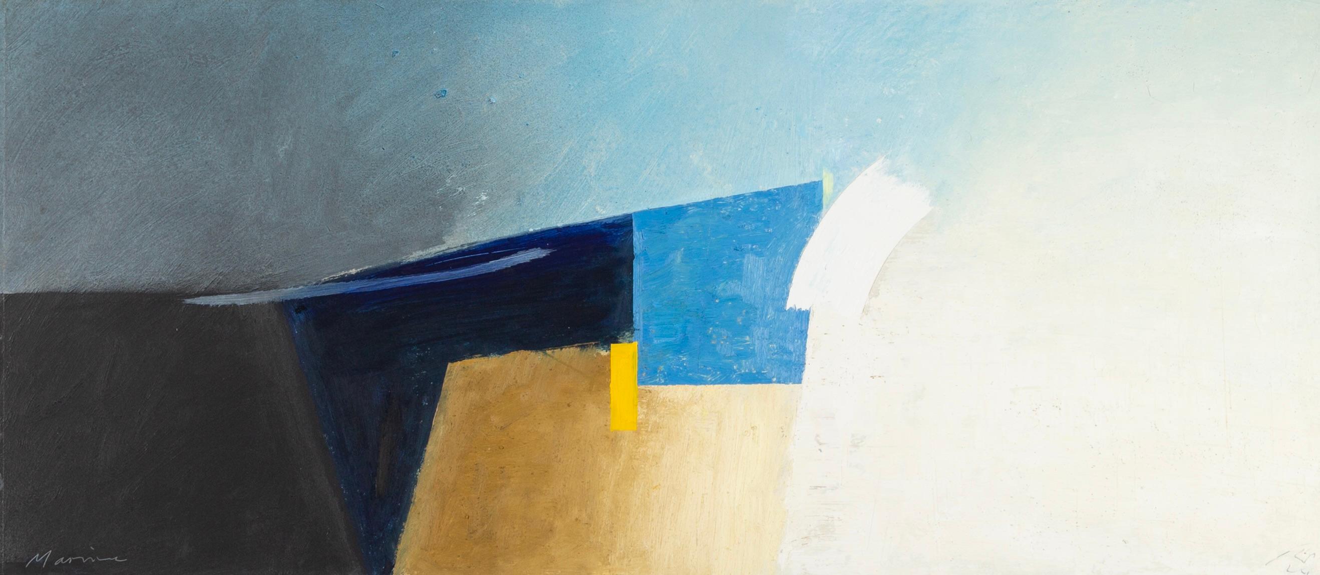 Landscape Painting di Keith Purser - Marina, 2024 - Pittura ad olio orizzontale di paesaggio astratto, blu e bianco