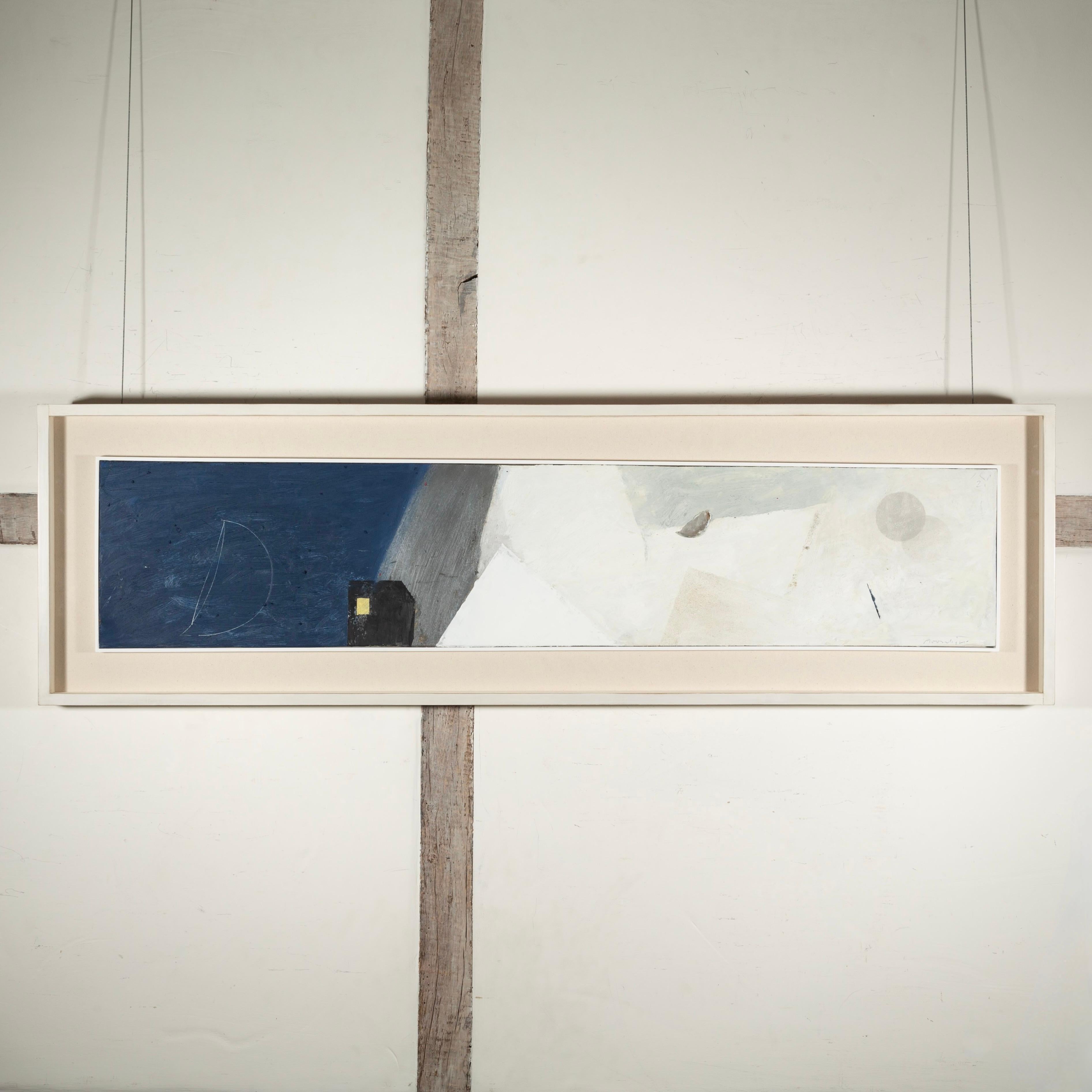 Landscape Painting di Keith Purser - Chiaro di luna, 2021 - Olio astratto minimalista orizzontale su tavola in bianco e blu