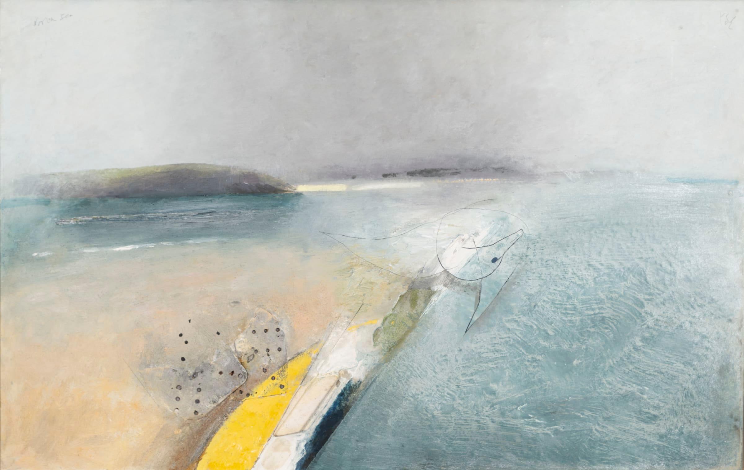 North Sea, Oil on Board Painting by Keith Purser B. 1944, 2002

Additional information:
Medium: Oil, sand and found objects on board
Dimensions: 61 x 96.5 cm
24 1/8 x 38 in
Signed with initials, dated and titled

Keith Purser lives and works on the
