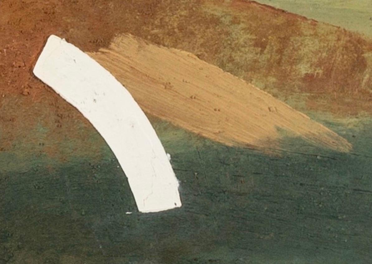 Marea solare, olio su tavola, pittura orizzontale astratta di paesaggio al tramonto, 2015 - Landscape Painting Beige di Keith Purser