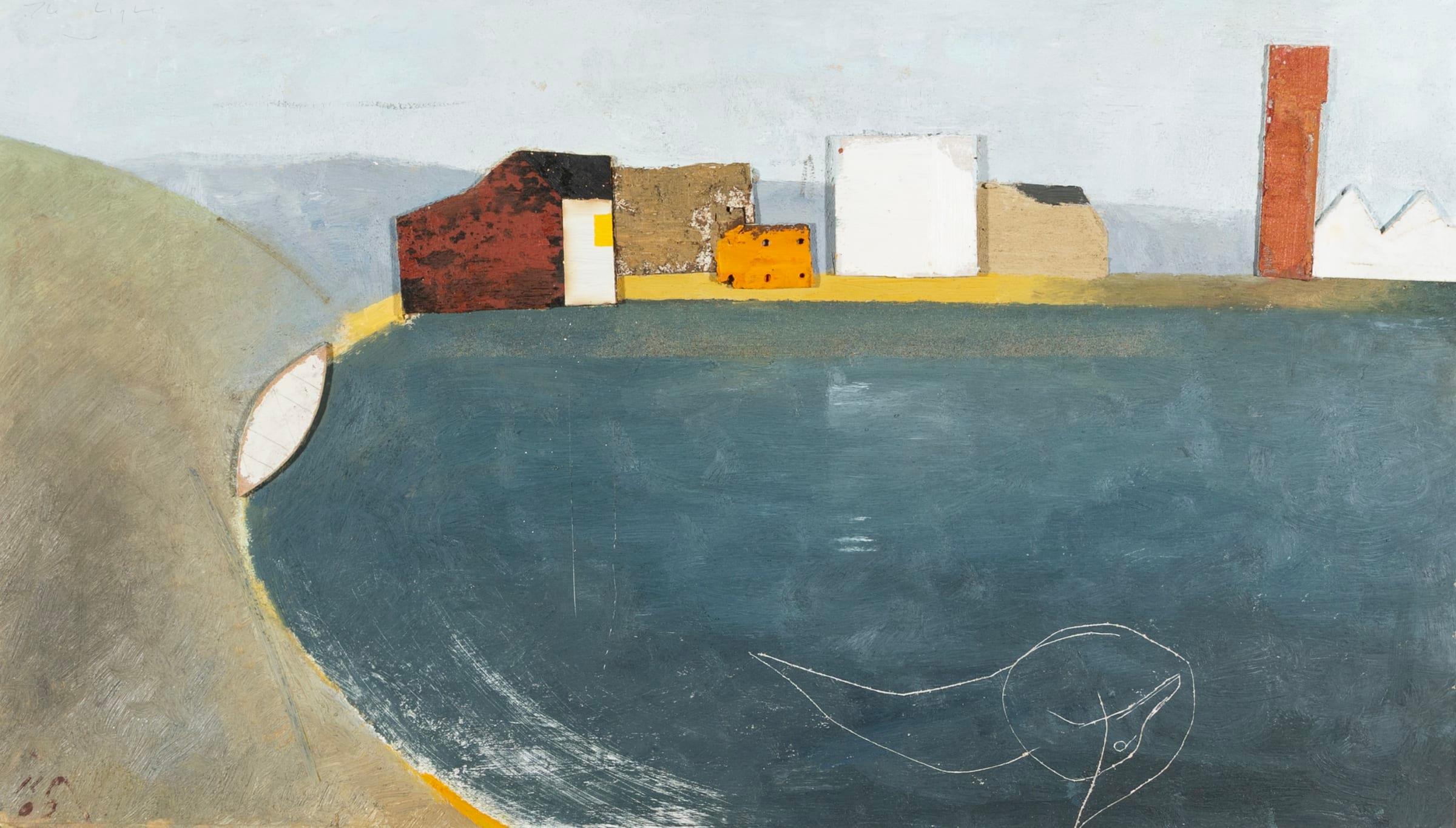 The Light, Oil on Board Painting by Keith Purser B. 1944, 2003

Additional information:
Medium: Oil, sand and found objects on board
Dimensions: 46.5 x 81 cm
18 1/4 x 31 7/8 in
Signed with initials, dated and titled

Keith Purser lives and works on