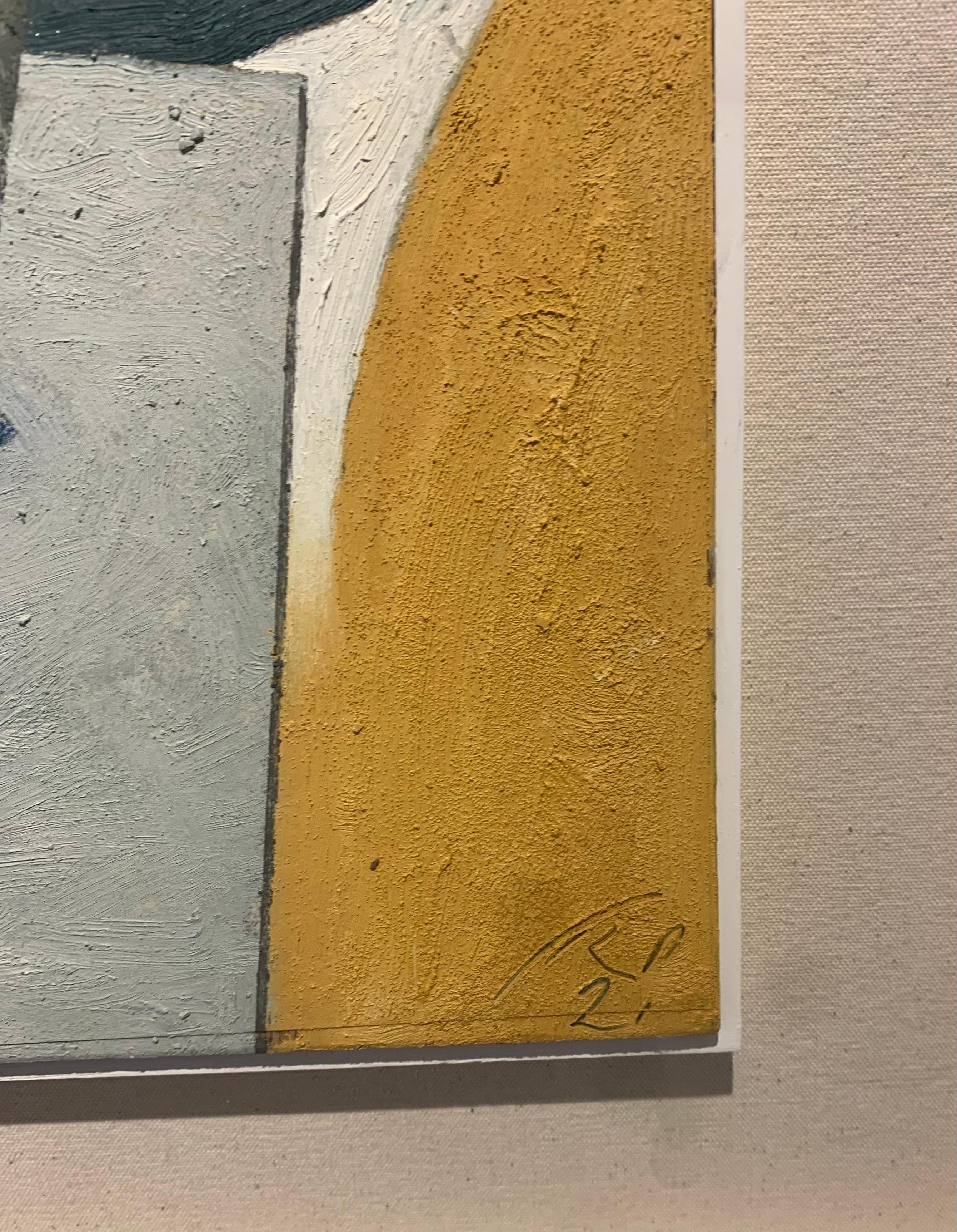 El Músico, 2021 - Blanco, Azul + Amarillo, Paisaje marino contemporáneo con edificios en venta 4