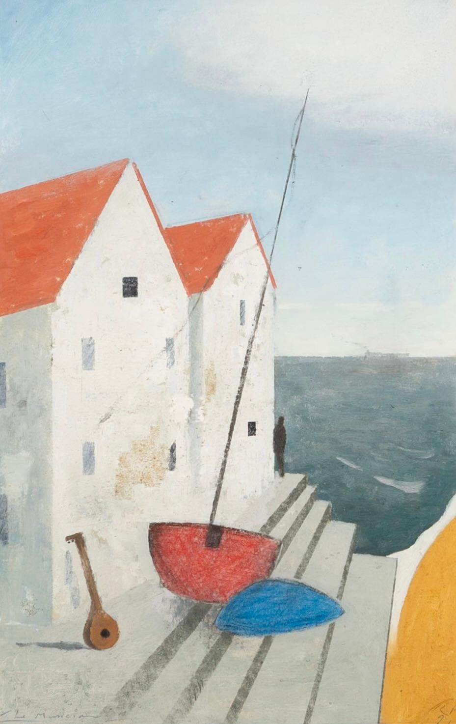 El Músico, 2021 - Blanco, Azul + Amarillo, Paisaje marino contemporáneo con edificios - Painting de Keith Purser