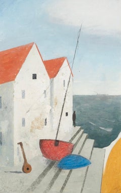The Musician, 2021 - White, Blue + Yellow, Contemporary Seascape with Buildings