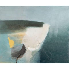 The Undercliff -  coastal landscape painting with boat, abstract, blue, white