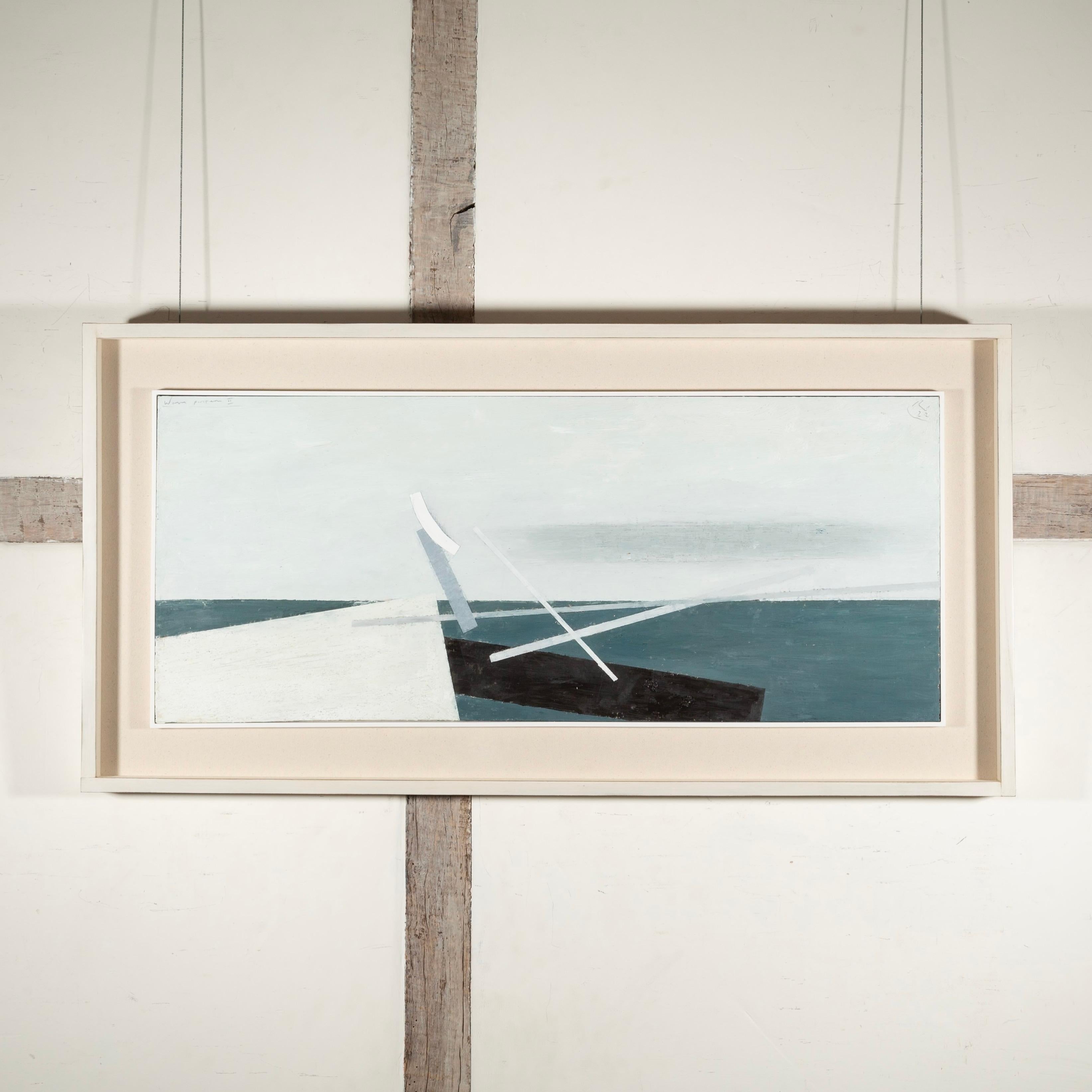 Abstraktes Landschaftsgemälde mit Wellenmuster II, 2022 - Abstraktes horizontales Ölgemälde, Blau + Weiß – Painting von Keith Purser