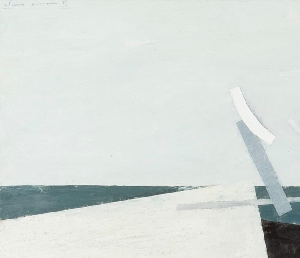 Abstraktes Landschaftsgemälde mit Wellenmuster II, 2022 - Abstraktes horizontales Ölgemälde, Blau + Weiß (Grau), Landscape Painting, von Keith Purser