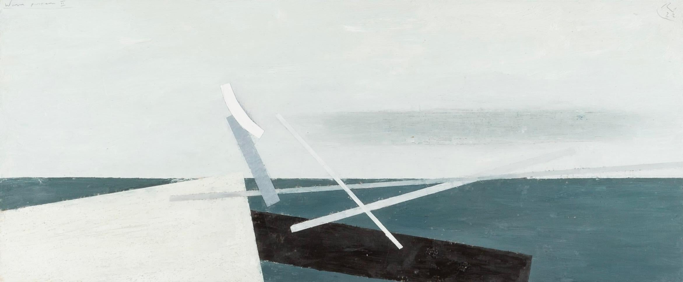 Keith Purser Landscape Painting – Abstraktes Landschaftsgemälde mit Wellenmuster II, 2022 - Abstraktes horizontales Ölgemälde, Blau + Weiß