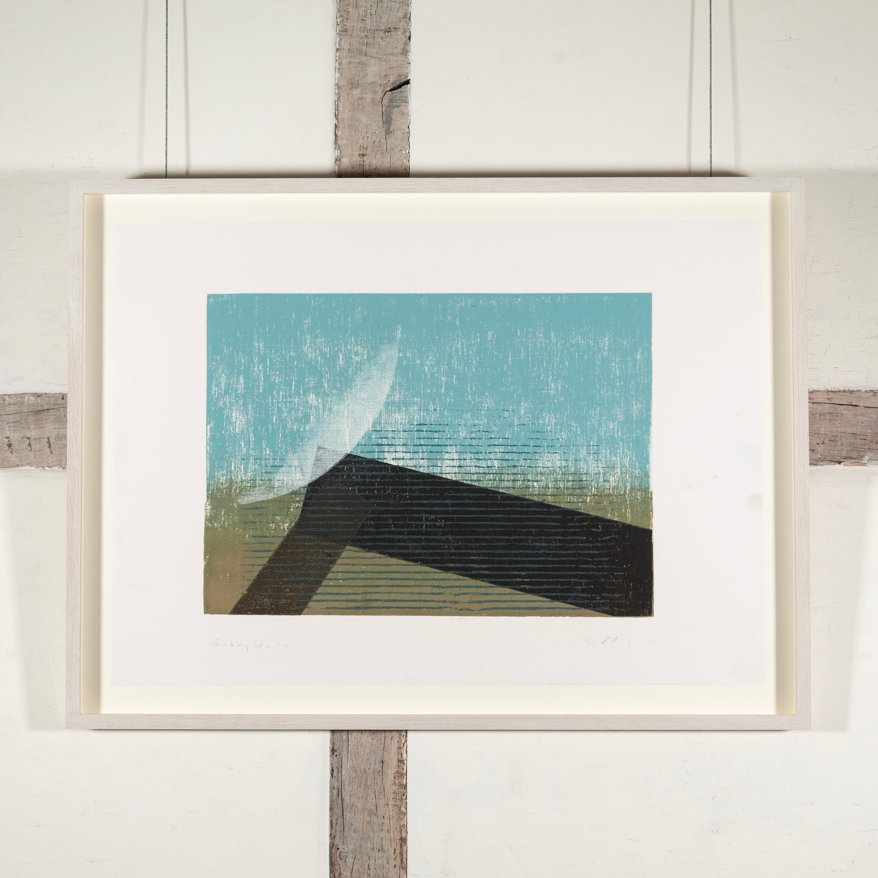 Rising Water - Abstract Seascape Woodcut Print, Waves and Beach in Blue + Black - Gray Landscape Print by Keith Purser