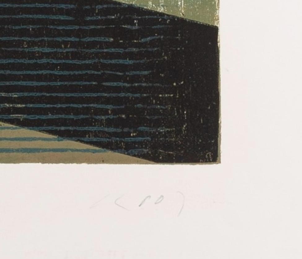 Rising Water - Abstract Seascape Woodcut Print, Waves and Beach in Blue + Black For Sale 1