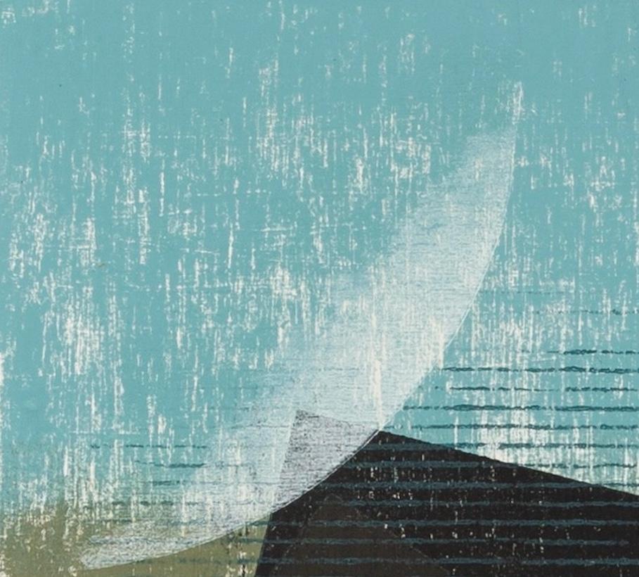 Rising Water - Abstract Seascape Woodcut Print, Waves and Beach in Blue + Black For Sale 2