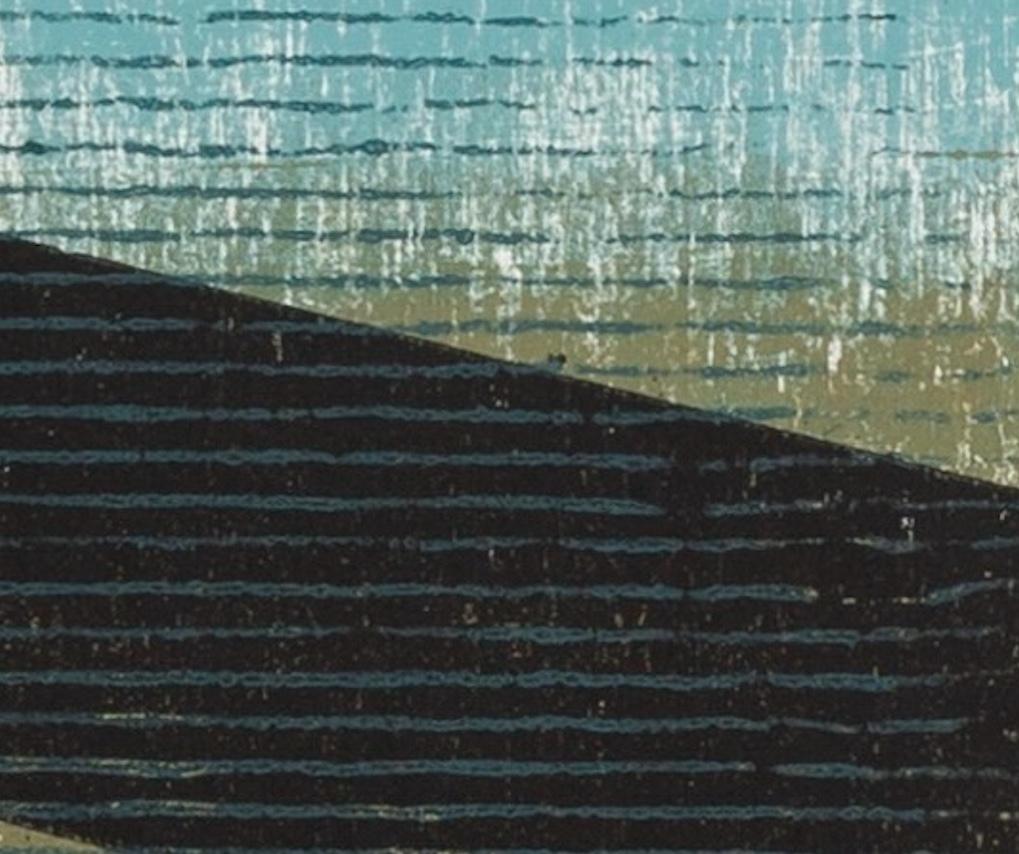 Rising Water - Abstract Seascape Woodcut Print, Waves and Beach in Blue + Black For Sale 4