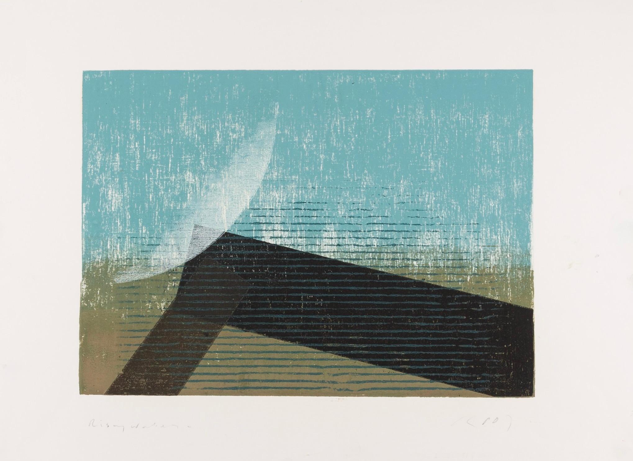 Keith Purser Landscape Print - Rising Water - Abstract Seascape Woodcut Print, Waves and Beach in Blue + Black