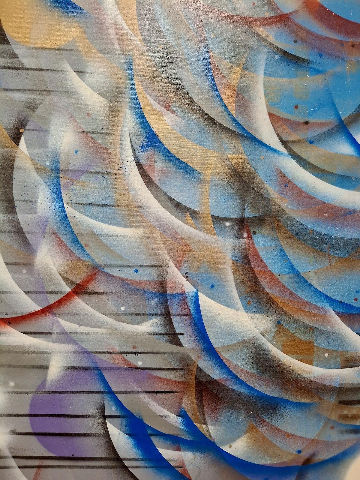 For creative people living in the Bay Area, water vistas offer daily inspiration. Abstract artist Keith Race focused here on the steady, choppy surface of waves throwing off spray. Wave tips sparkle in the sun. And, as in nature, each individual