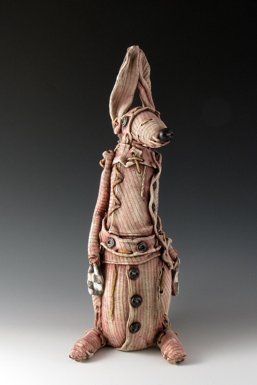 Keith Schneider Figurative Sculpture - "SYLVIA" - trompe l'oeil ceramic sculpture of rabbit resembles outsider art