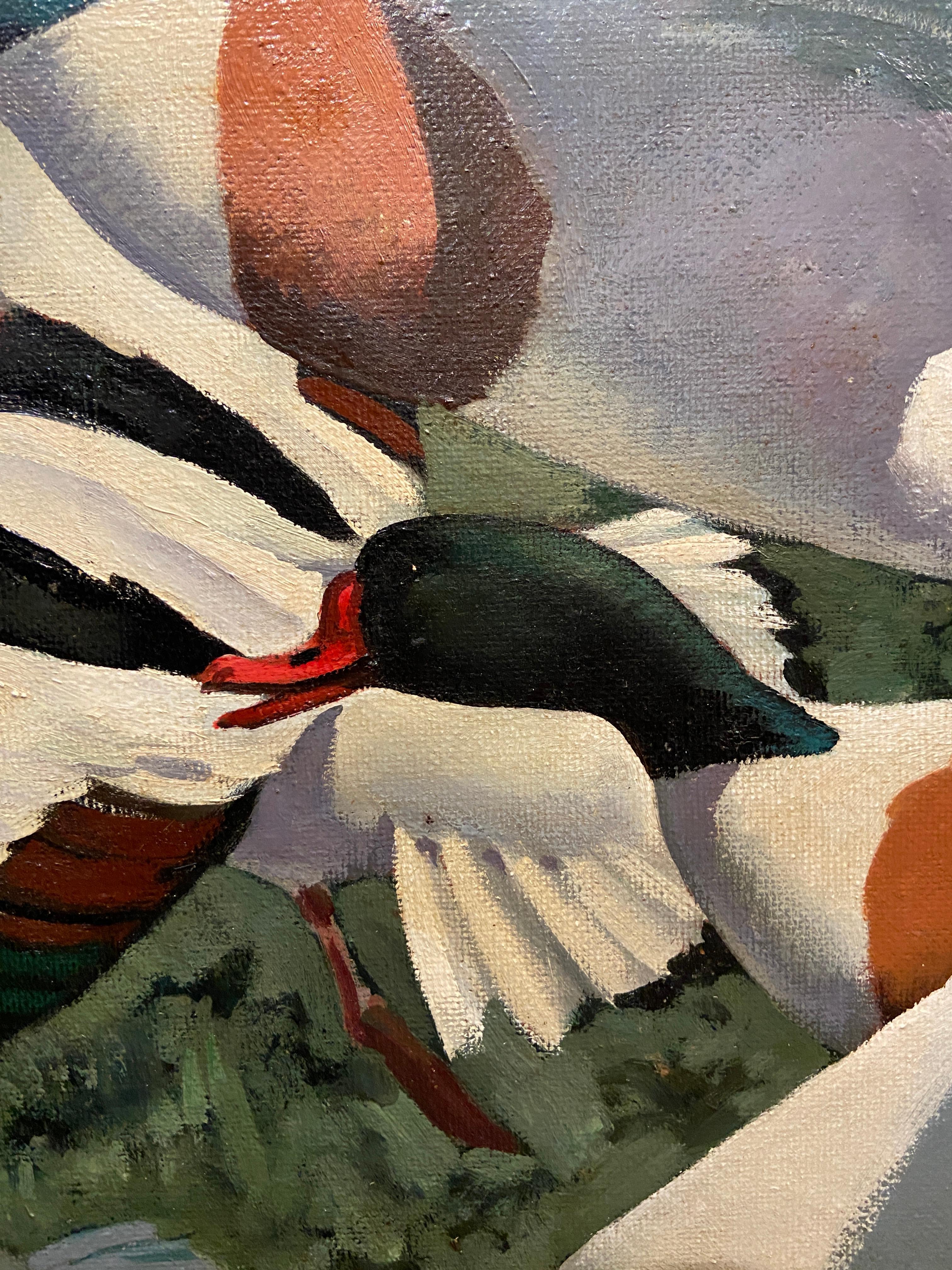 Shelducks in the Clearing, huile sur toile peinture de faune, signée, datée de 1966 2