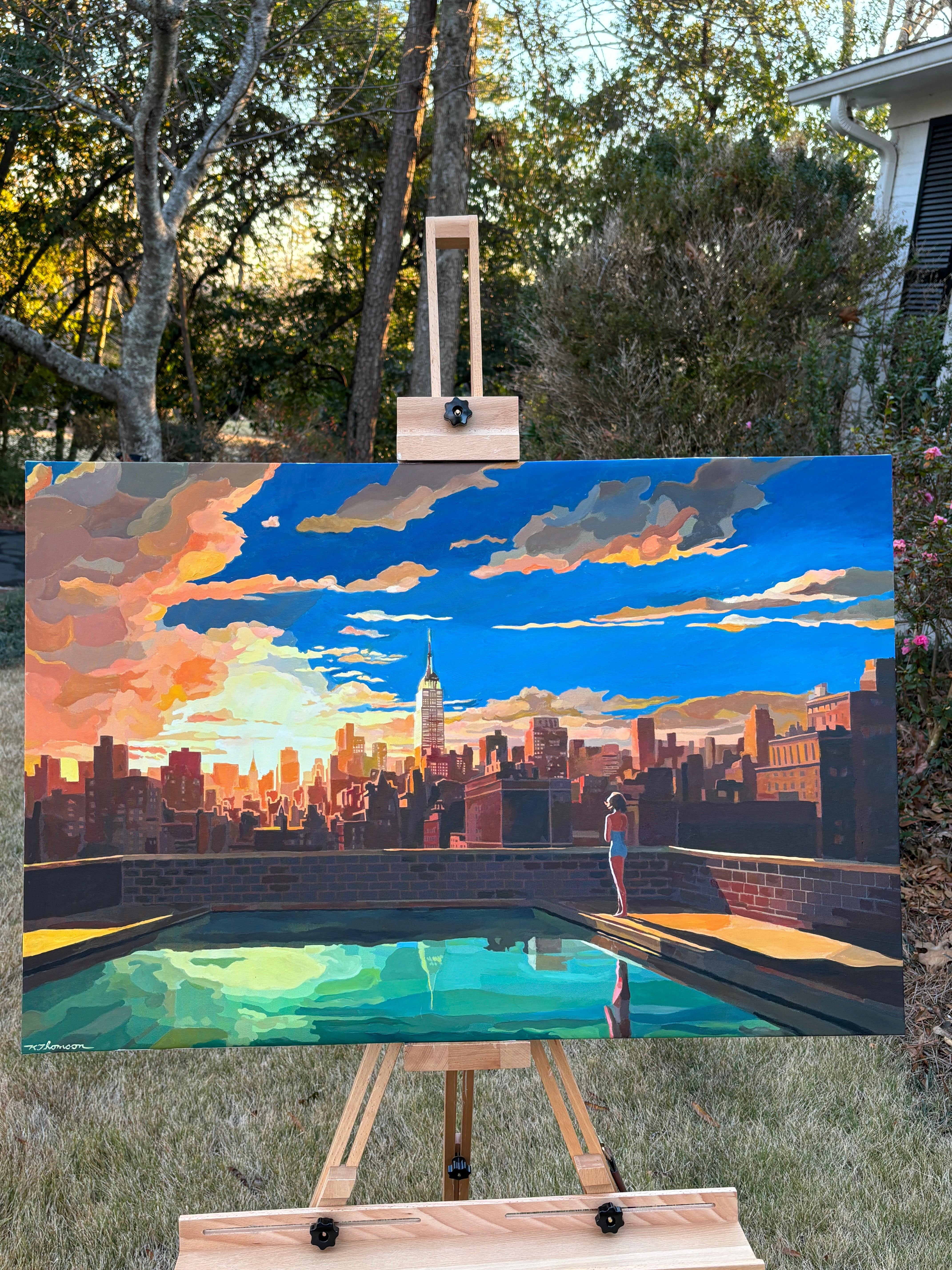 <p>Artist Comments<br>This painting captures a serene moment at dawn on a Manhattan rooftop, where the sun illuminates the sky, casting shadows on the New York skyline. The sunlight, refreshing pool water, and the act of engaging in physical
