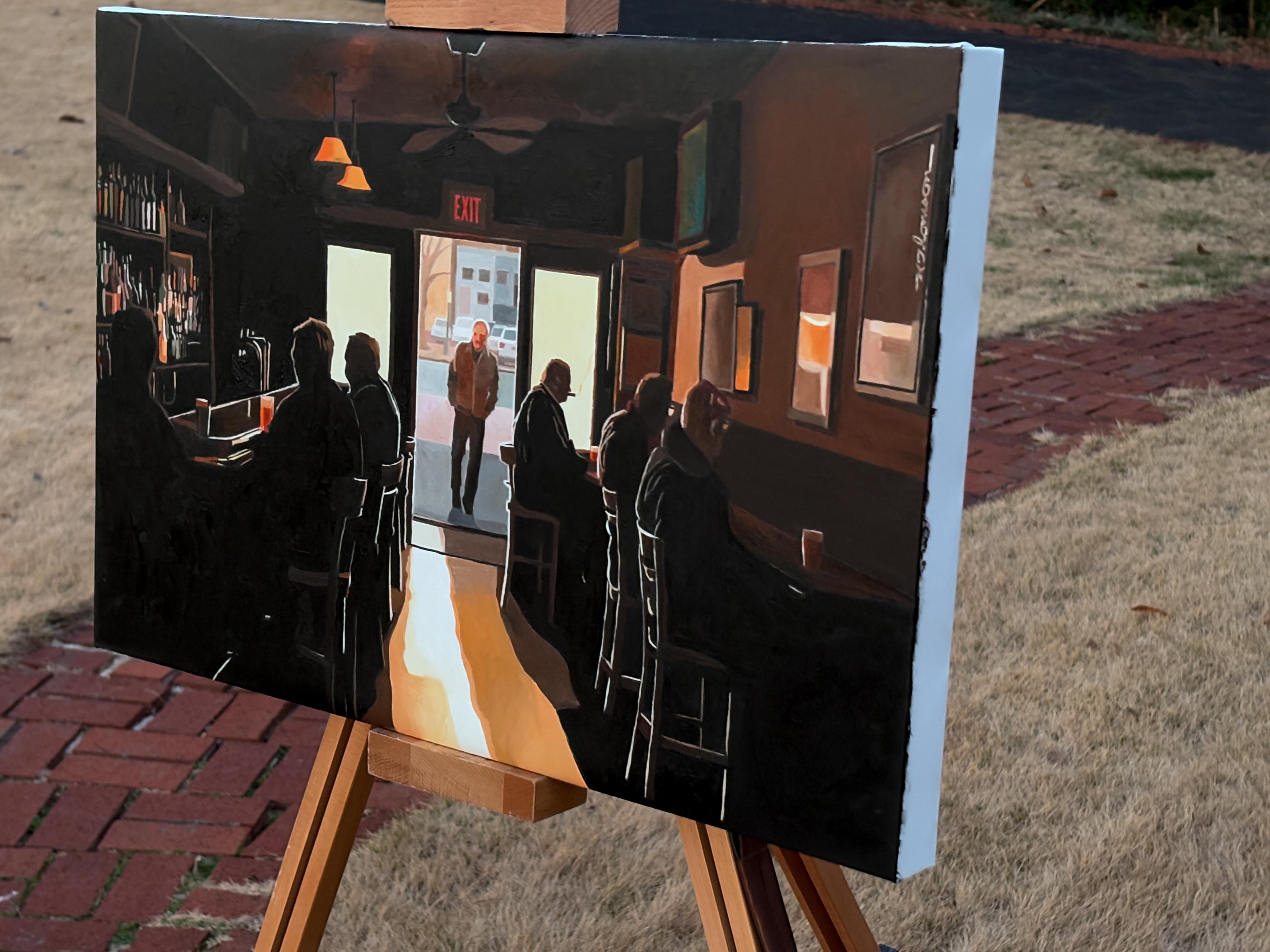 <p>Artist Comments<br />This painting captures the moody atmosphere of a dimly lit bar, where patrons sit in quiet solitude, their forms rendered mostly in silhouette. The open doorway, the main light source, casts a stark contrast against the