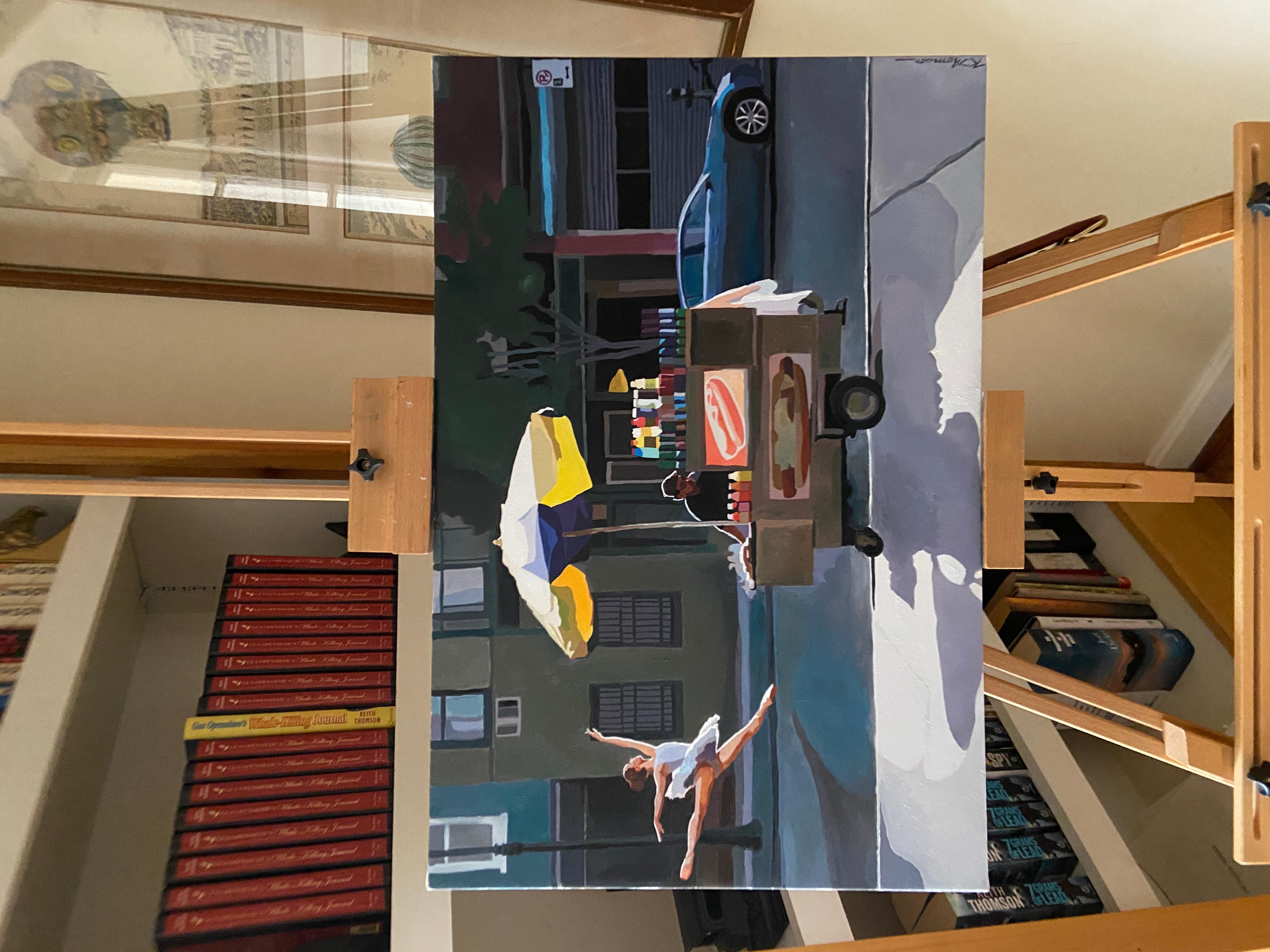 <p>Commenti dell'artista<br>La scena della città dell'artista Keith Thomson è un racconto non convenzionale ma memorabile. Il pezzo mostra un venditore di hot dog che ha una giornata fiacca mentre una ballerina esegue un grand jeté. 