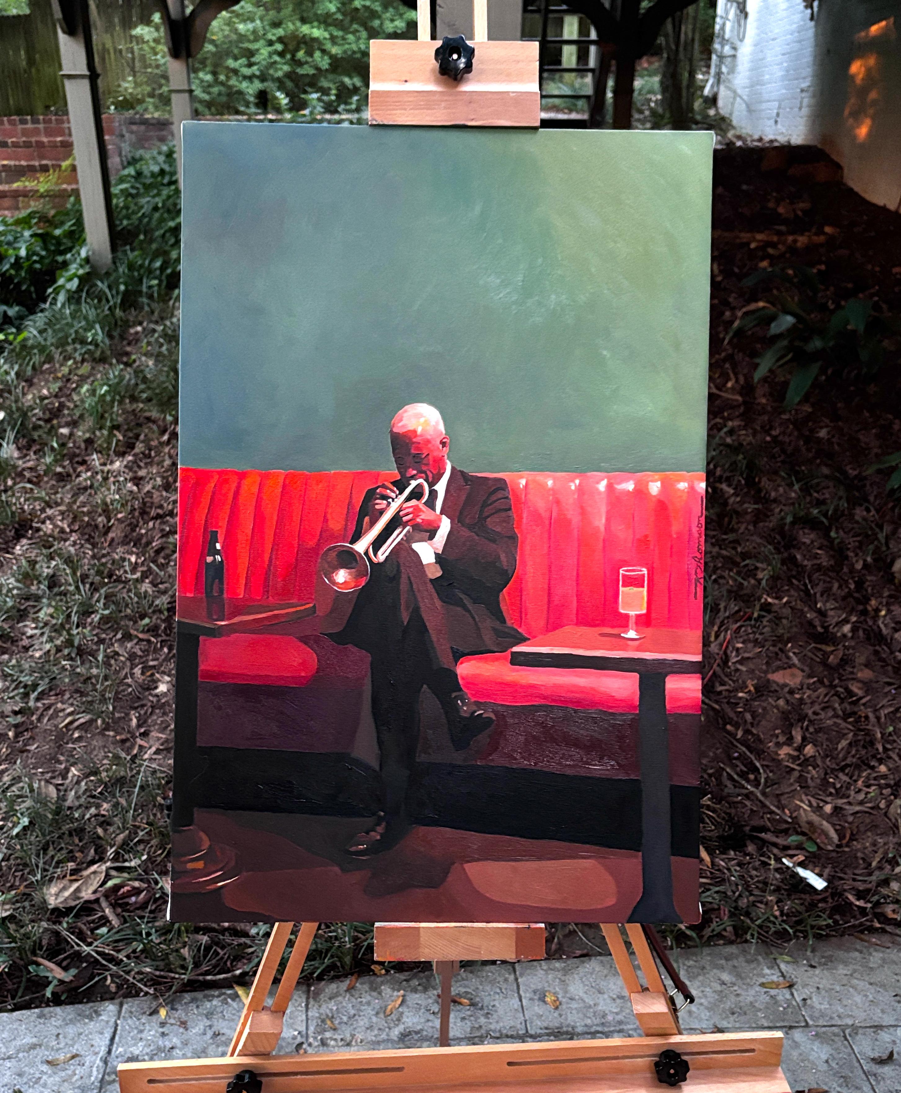 <p>Commenti dell'artista<br>Il club era un turbinio di suoni e movimenti verso mezzanotte. Alle due di notte, la folla se n'è andata, ma un suonatore di corno rimane in un angolo tranquillo, non volendo che la notte finisca. La scena cattura un