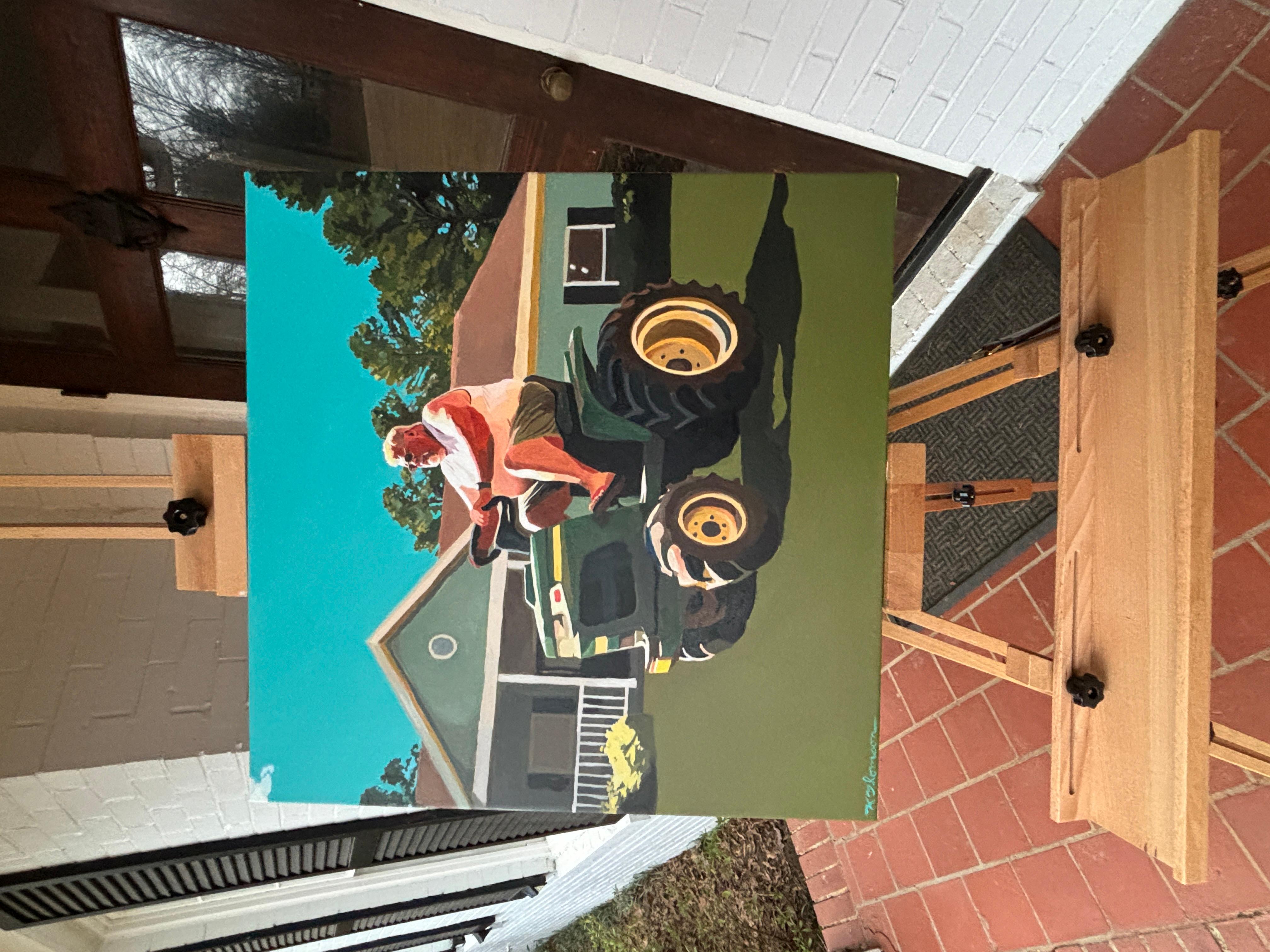 <p>Artist Comments<br>Under the bright sun, a proud homeowner mows his front yard on his customized John Deere lawn tractor. It captures an idealized portrayal of a familiar activity, where people engage in chores with a touch of fun and modernity.