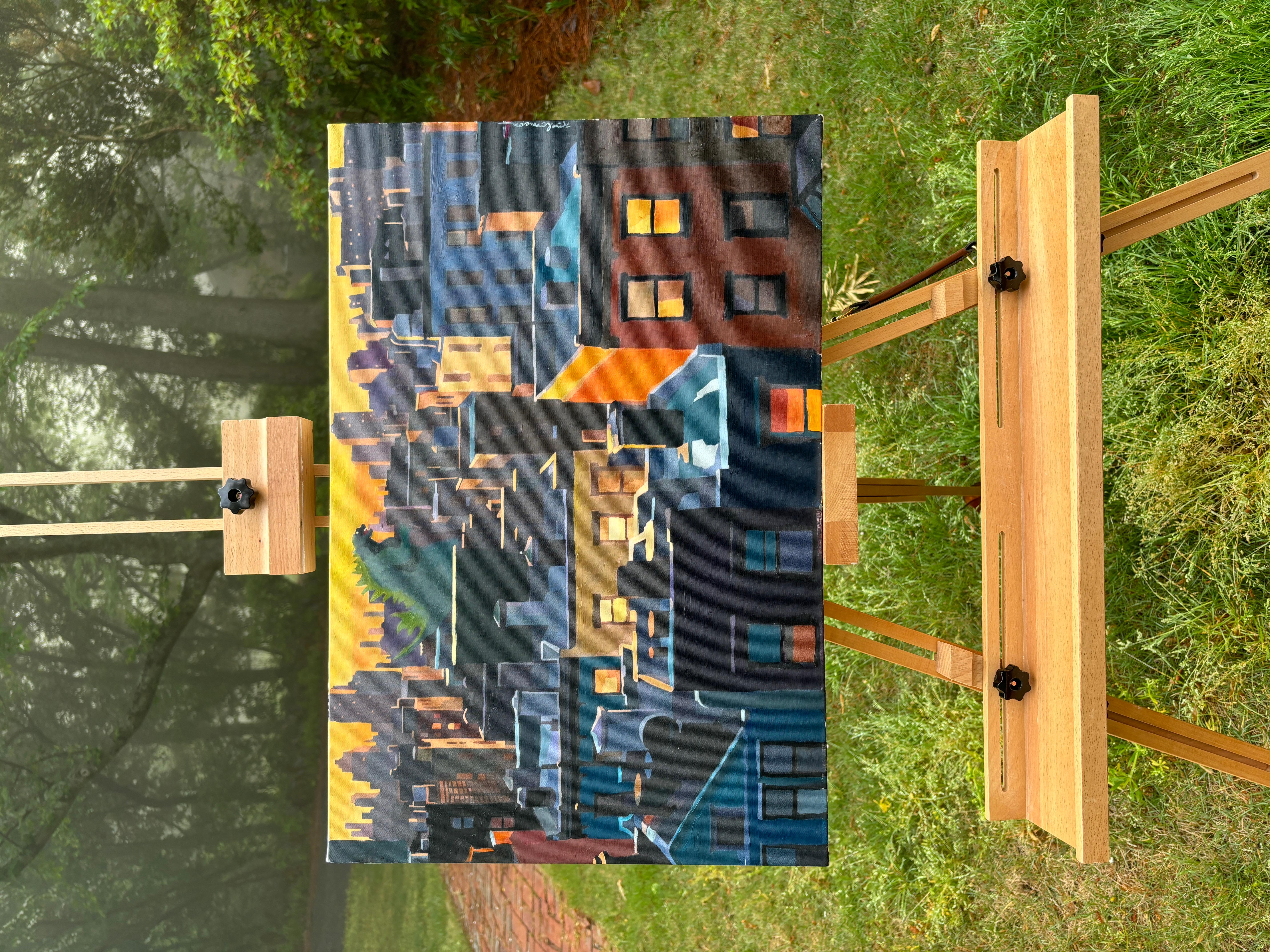 <p>Commentaires de l'artiste<br>La peinture illustre une matinée tranquille à Brooklyn, avec des bâtiments aux angles aigus et des formes en blocs. Il s'agit d'un paysage urbain simple, à l'exception de Godzilla qui erre dans la rue, injectant un