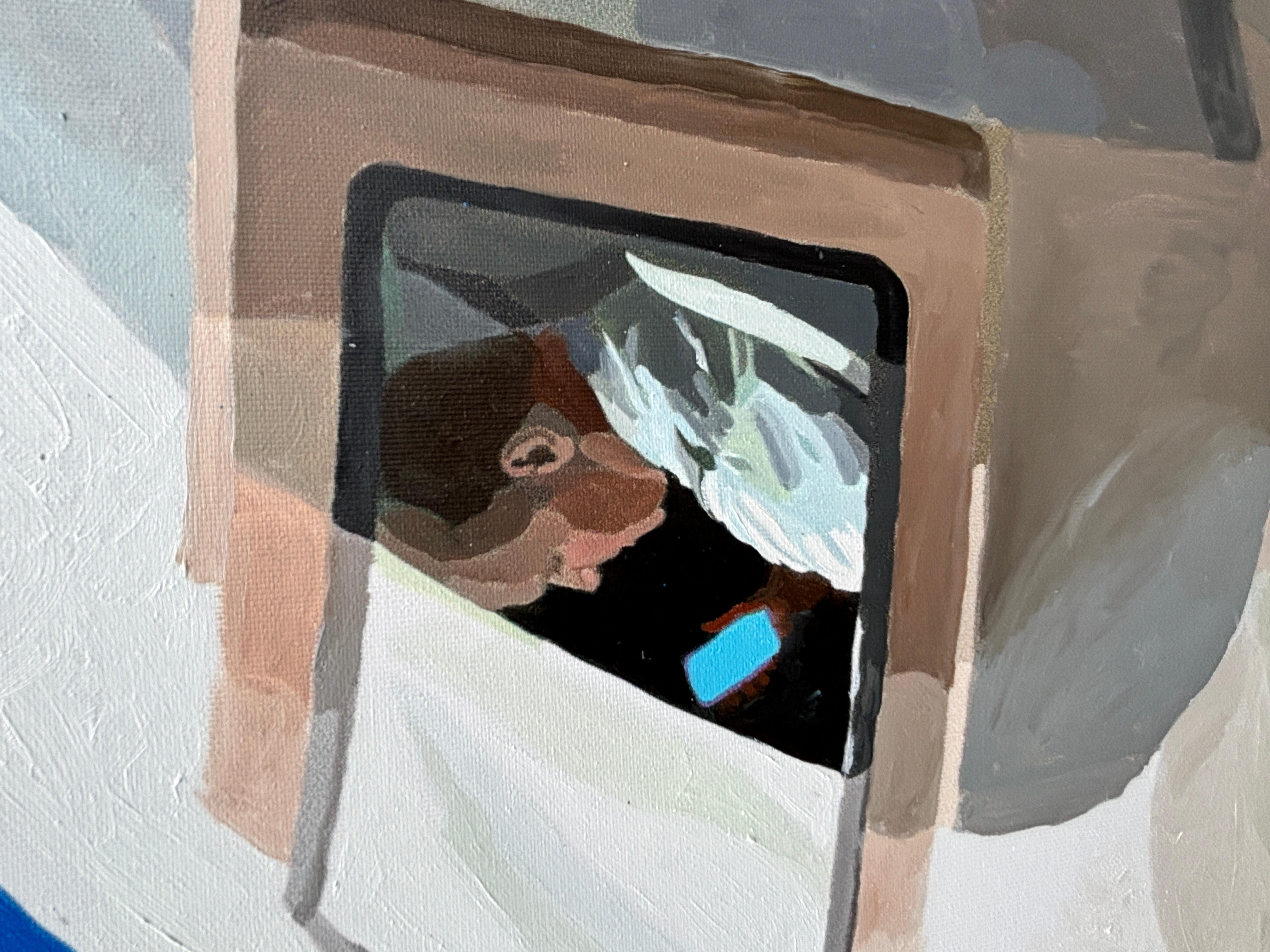 <p>Artist Comments<br />Framed by an airplane window, a solitary pilot is engrossed in his phone, seemingly oblivious to the altitude. One can fall into a rabbit hole, even at 25,000 feet in the air. The stark contrast between the aircraft and the