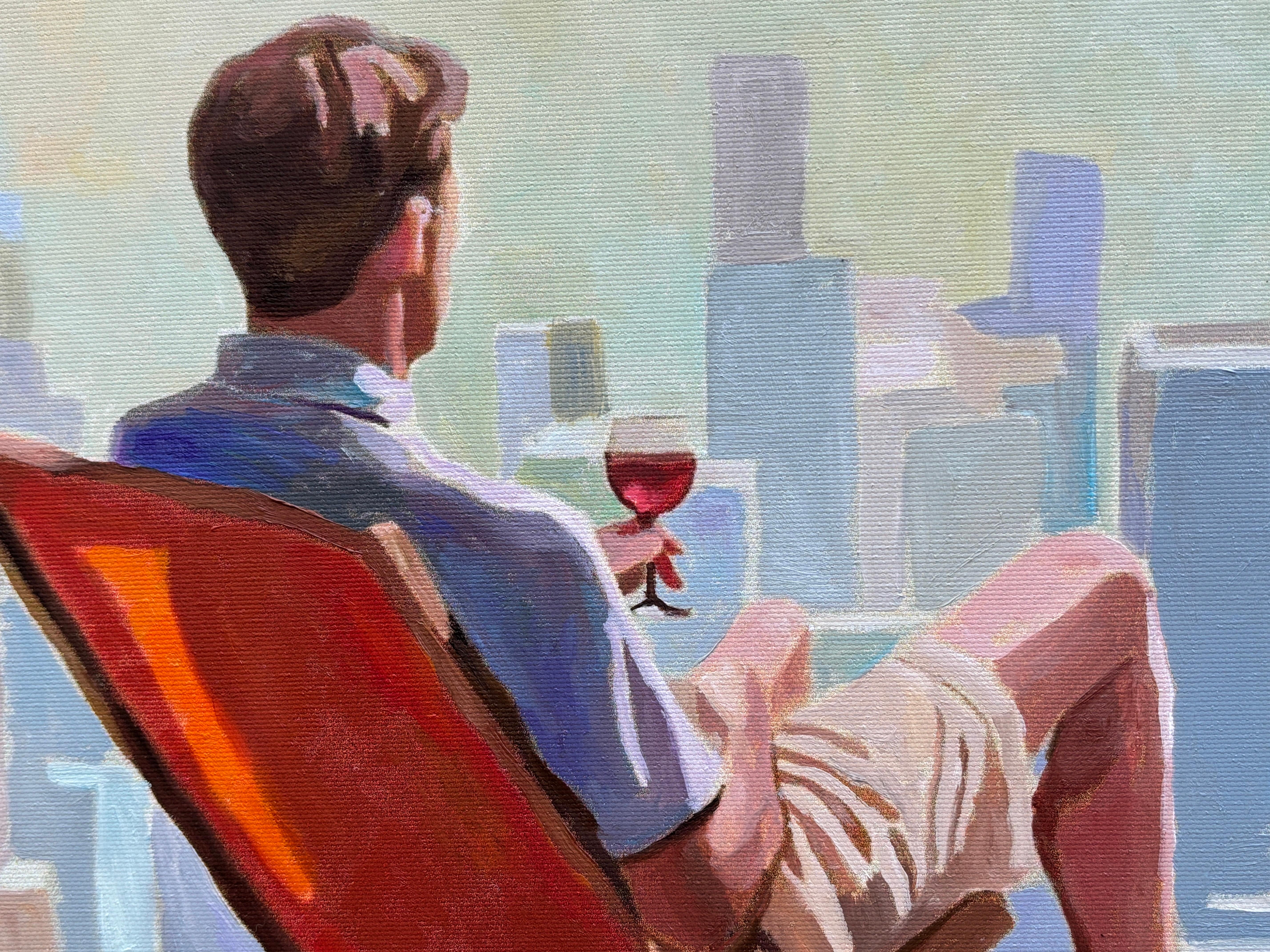 <p>Artist Comments<br>Un uomo e una donna si godono i semplici piaceri del vino, della buona compagnia e di una vista mozzafiato di New York da un tetto. Il loro momento di relax sfida l'idea che 