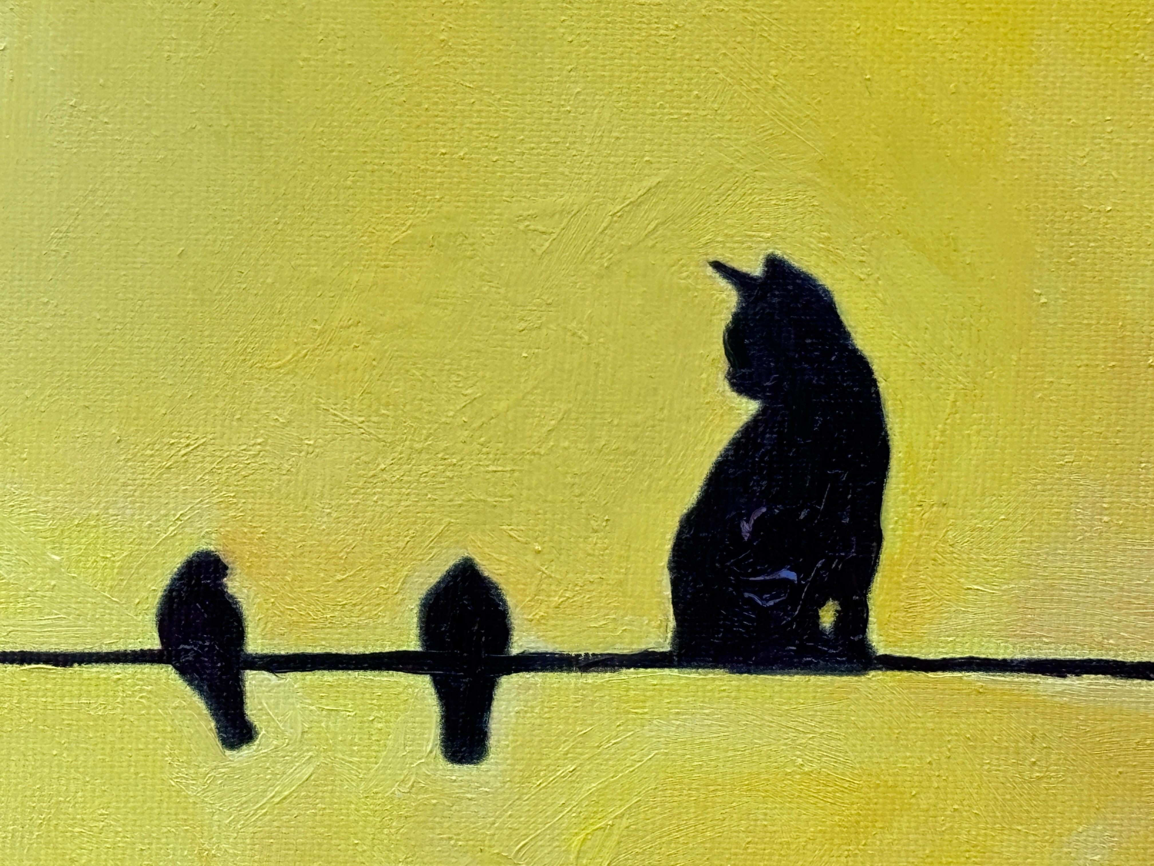 Pájaros y un amigo en un alambre, Pintura al óleo - Animal Painting Amarillo de Keith Thomson