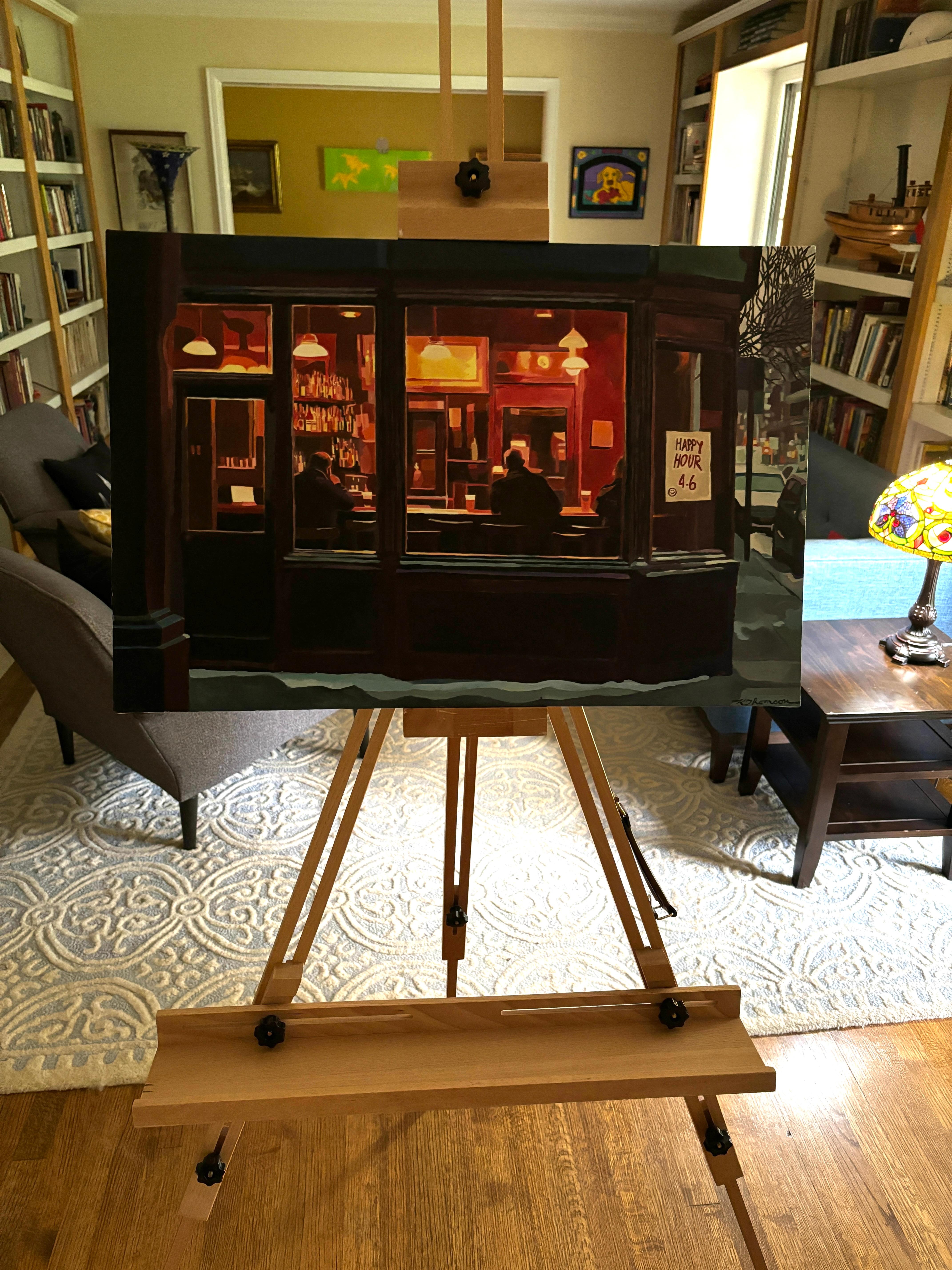 <p>Artist Comments<br />Warm light spills from a bar onto a calm New York City street. Patrons sit at the counter, their heads partially illuminated by the soft glow of hanging lamps. The scene captures a quiet moment in an urban setting, examining