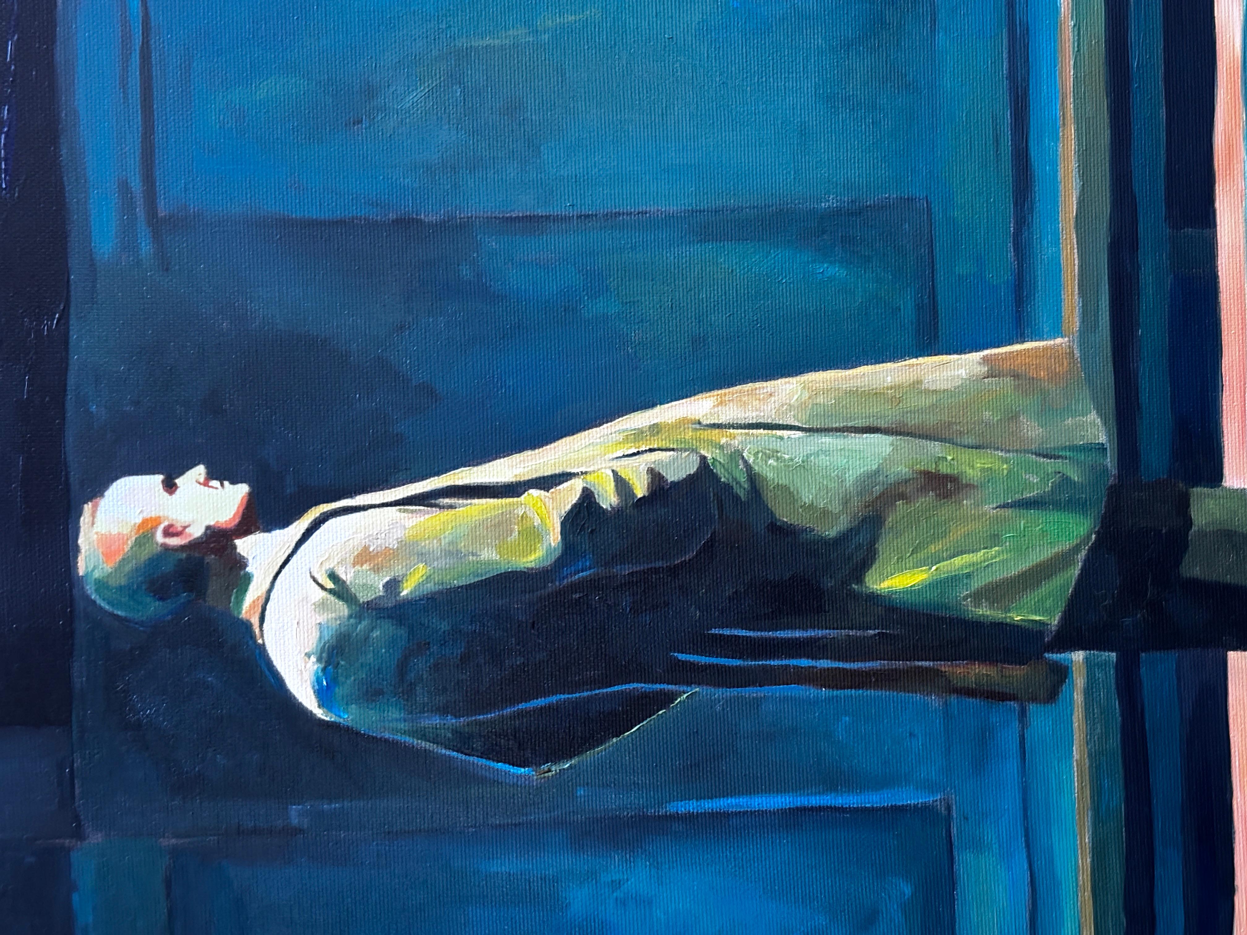 Wie man den Zug schneller kommen lässt, Ölgemälde (Schwarz), Portrait Painting, von Keith Thomson