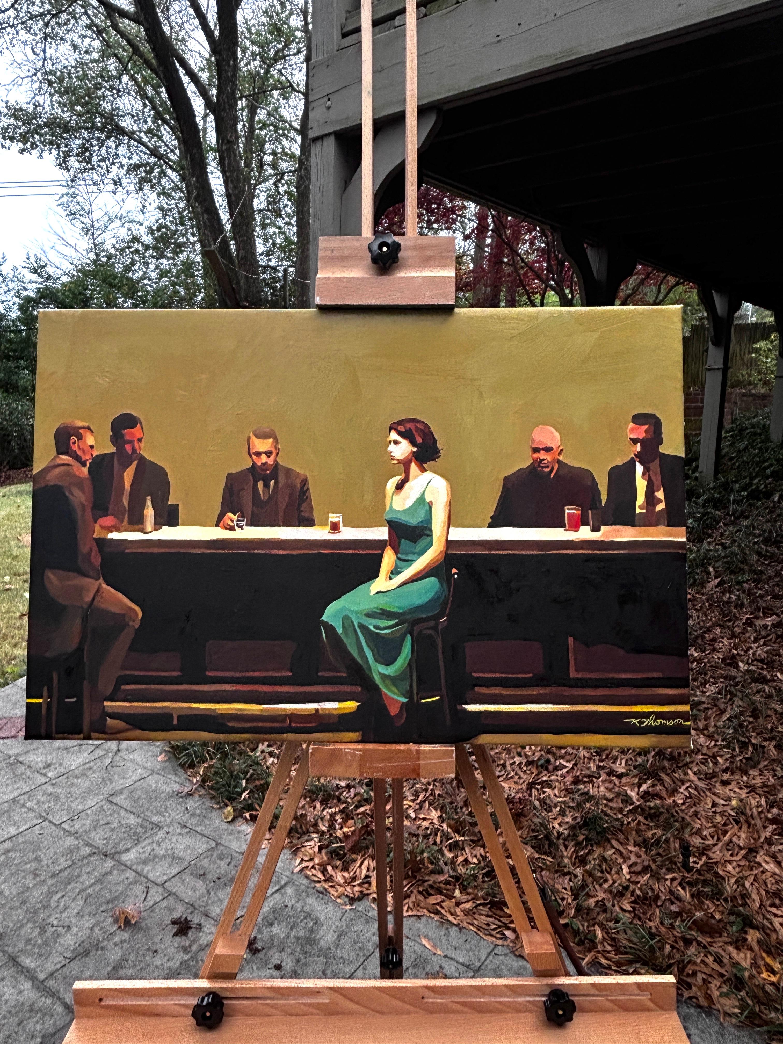 <p>Artist Comments<br>A woman in a turquoise dress becomes the quiet focal point at a long bar lined with men. The clean planes of color and cinematic lighting evoke the mood of a modern noir. The scene raises the question of whether there is indeed