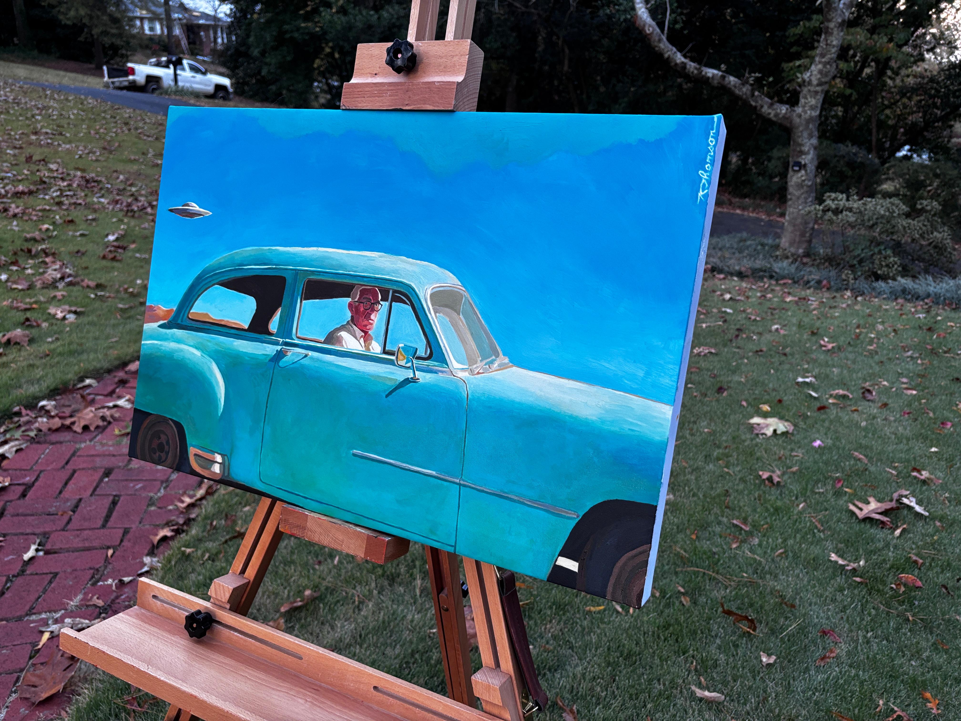 Object in the Mirror, Oil Painting - Blue Portrait Painting by Keith Thomson