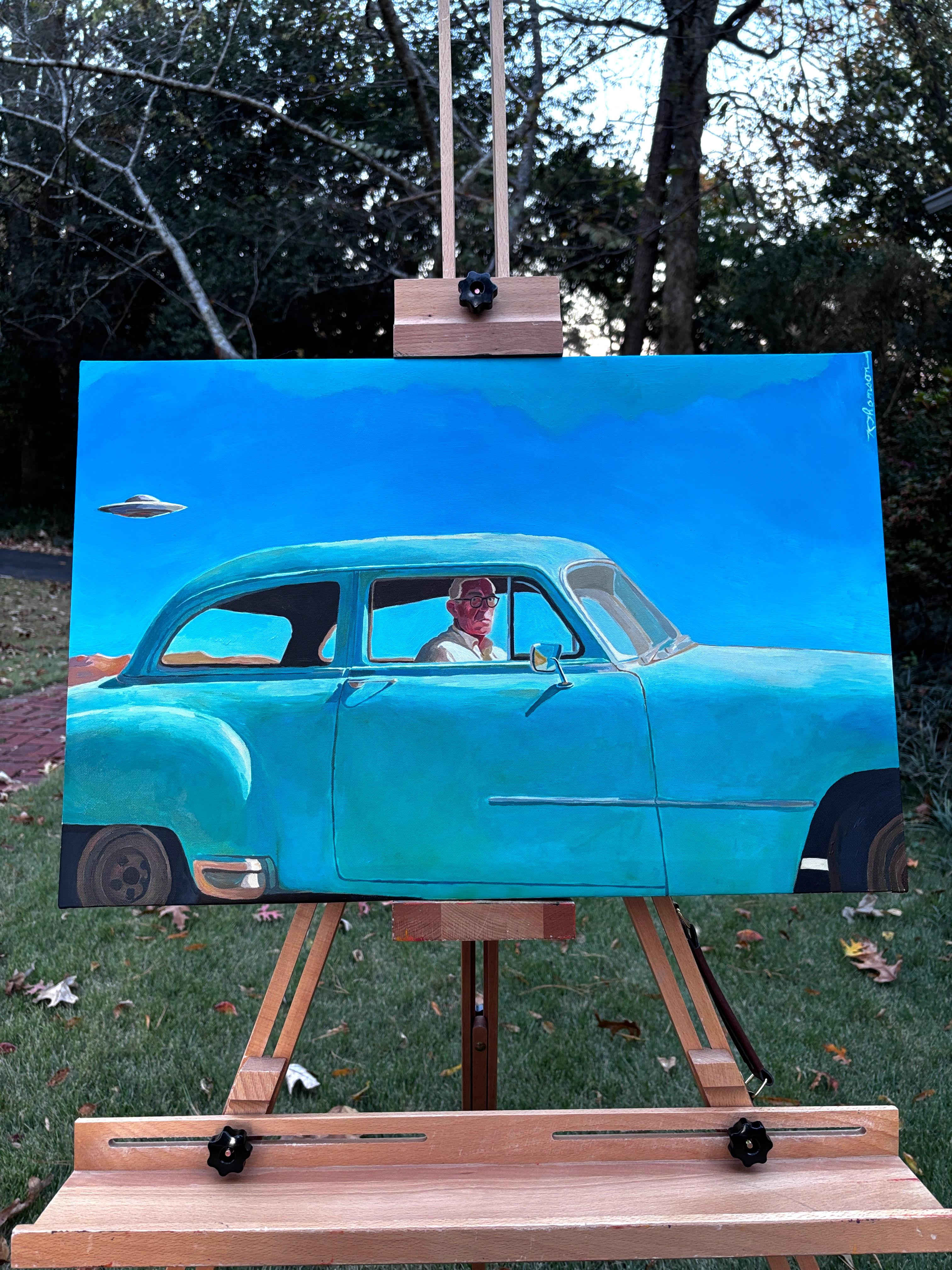 <p>Artist Comments<br>A vintage sedan cuts through a blazing blue desert sky as the driver glances out the window, caught between curiosity and concern. He knows mirages are common in the desert. The extreme temperature differences between the