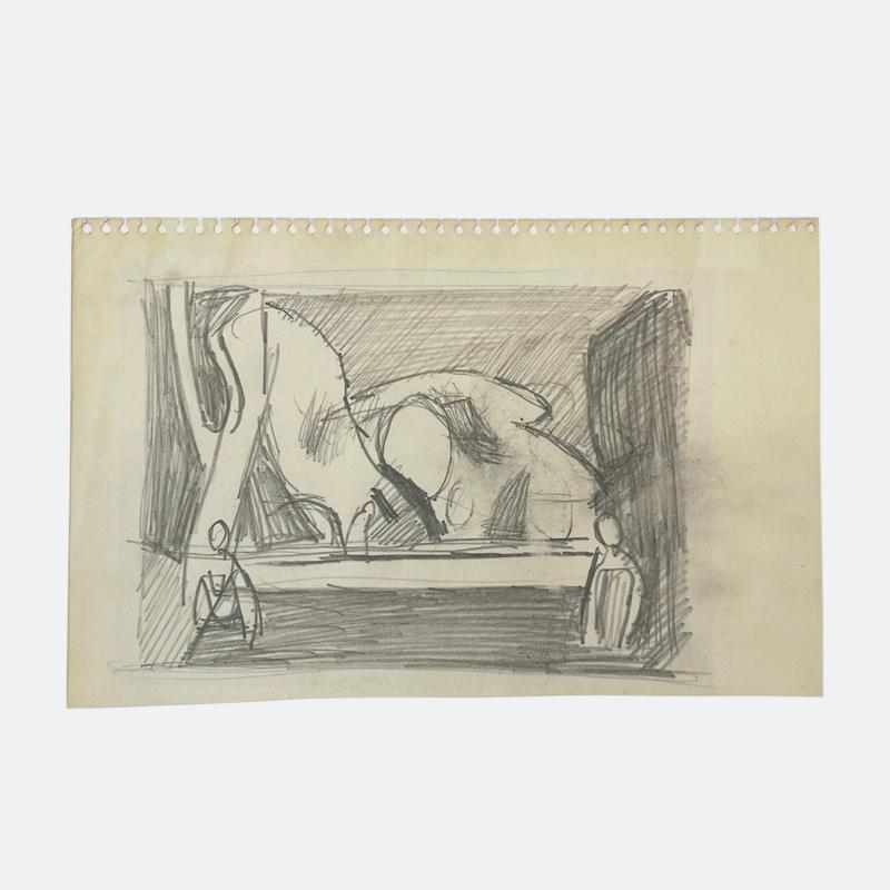 Keith Vaughan 1912-1977 Figures in landscape 1960s

Pencil on detached spiral bound sketchbook paper
Signed with initials KV to back 
Measures: 17cm x 13cm

A pencil drawing of three figures in a landscape from Keith Vaughan’s late period