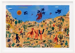 "En el Aire" Colorido Paisaje Ilustrativo con Botánicos, Pájaros y Figuras